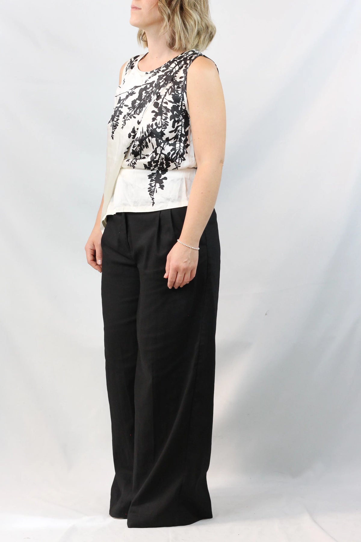 Silk Draped Floral Top White Black