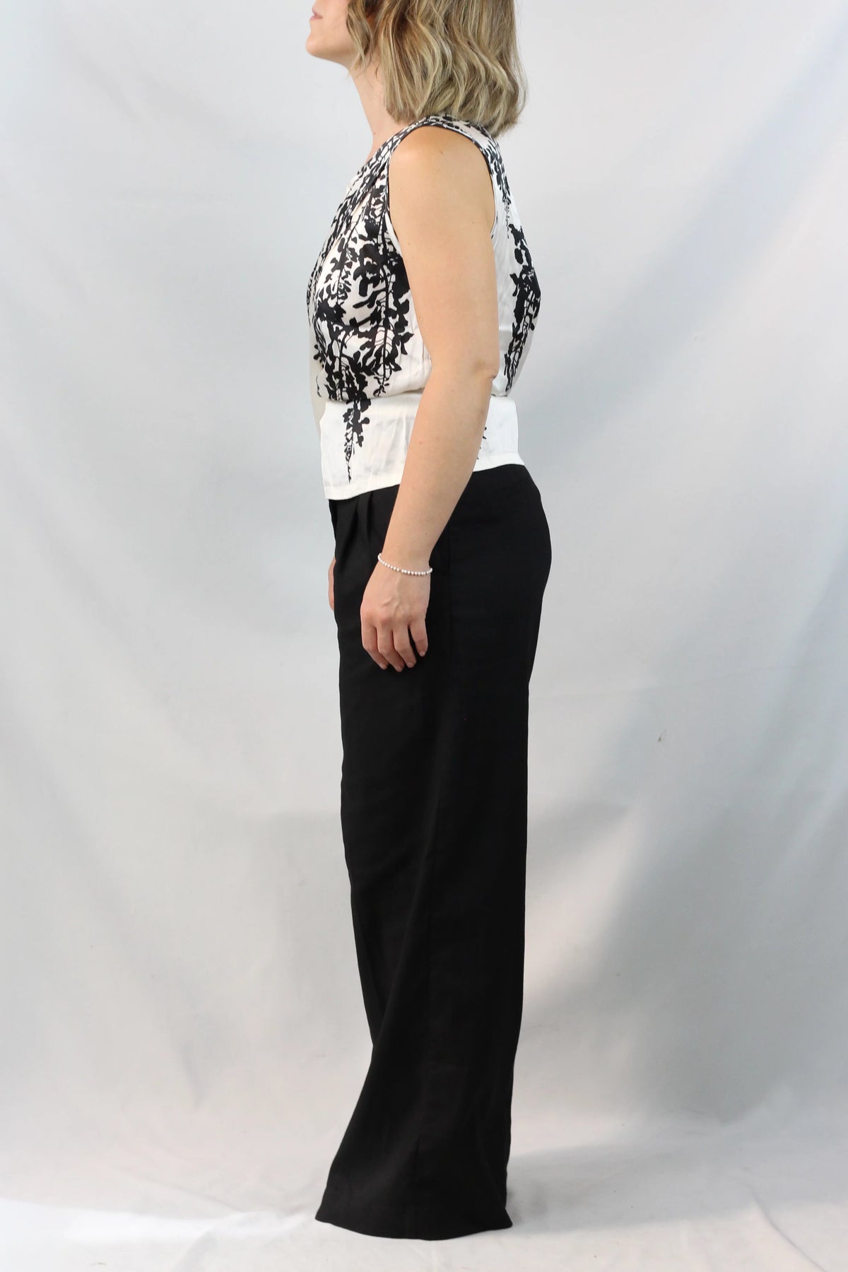 Silk Draped Floral Top White Black