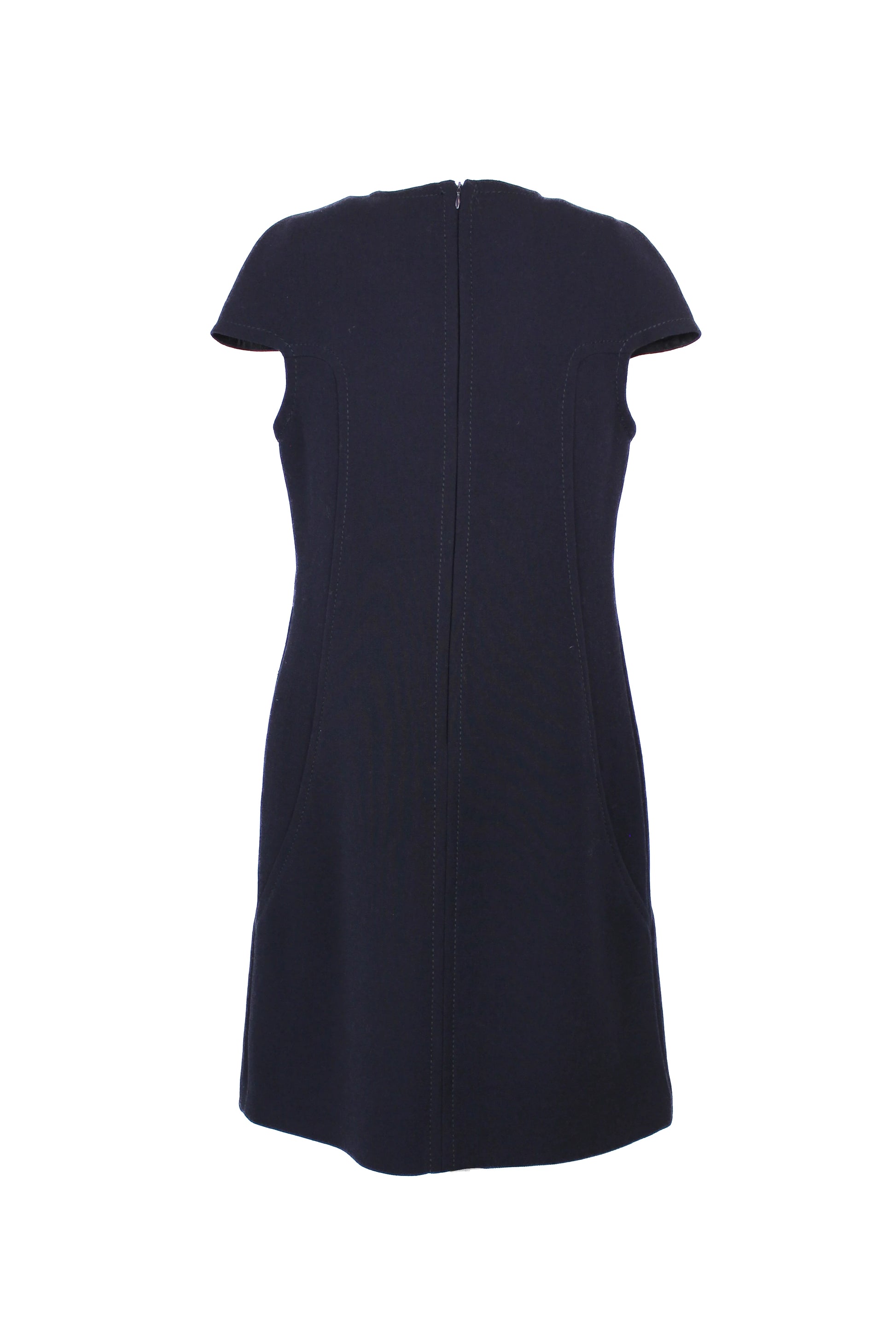 Navy Blue Wool Dress with Structured Sleeves and Corset Stitching