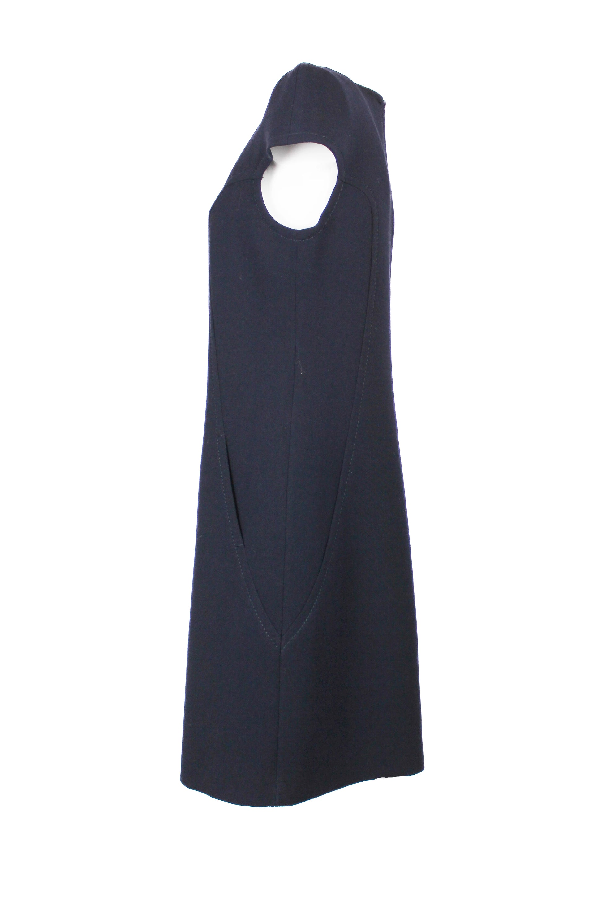 Navy Blue Wool Dress with Structured Sleeves and Corset Stitching