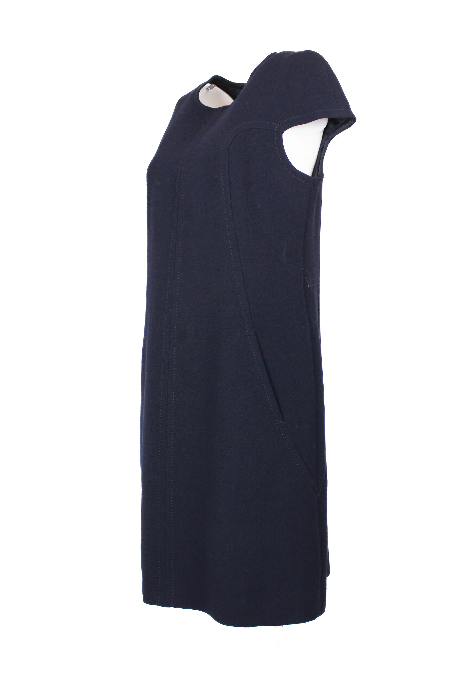 Navy Blue Wool Dress with Structured Sleeves and Corset Stitching