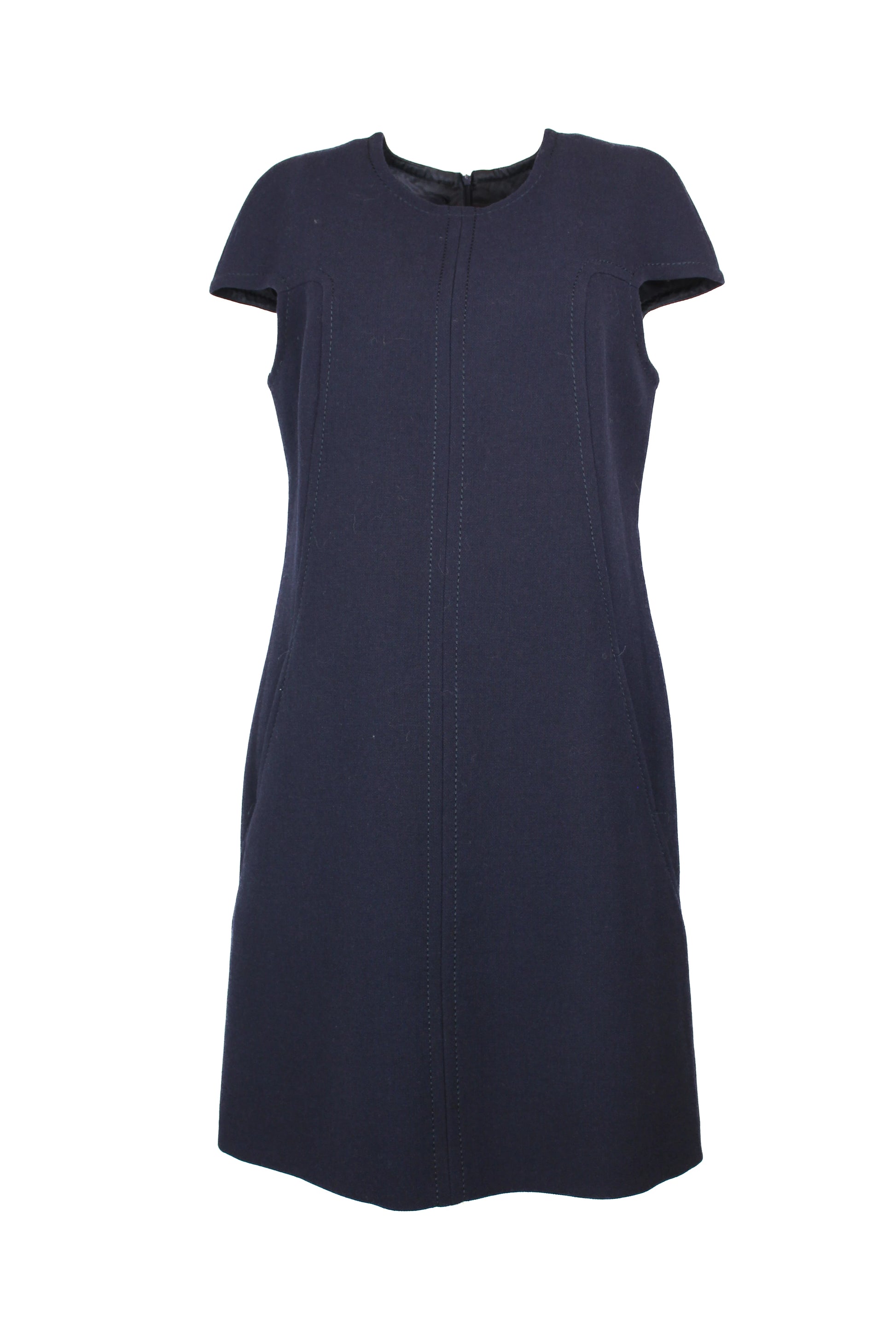 Navy Blue Wool Dress with Structured Sleeves and Corset Stitching