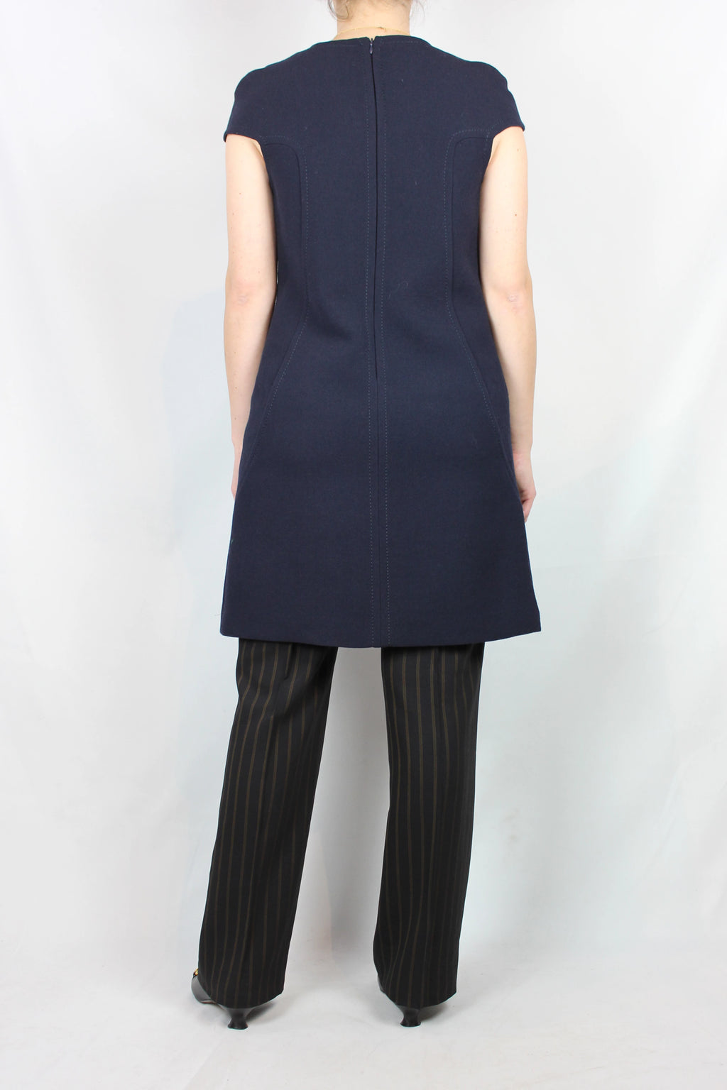Navy Blue Wool Dress with Structured Sleeves and Corset Stitching