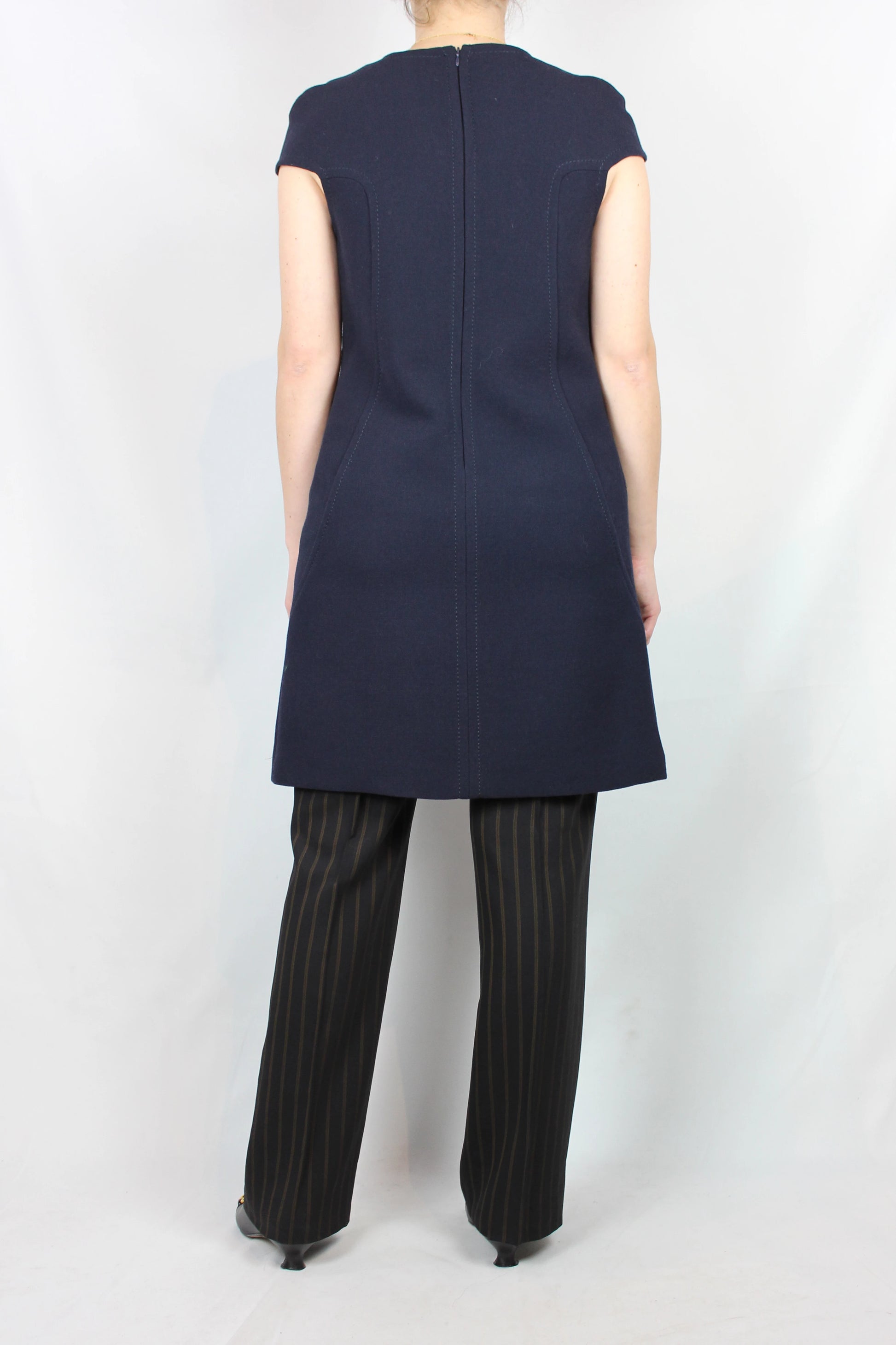 Navy Blue Wool Dress with Structured Sleeves and Corset Stitching