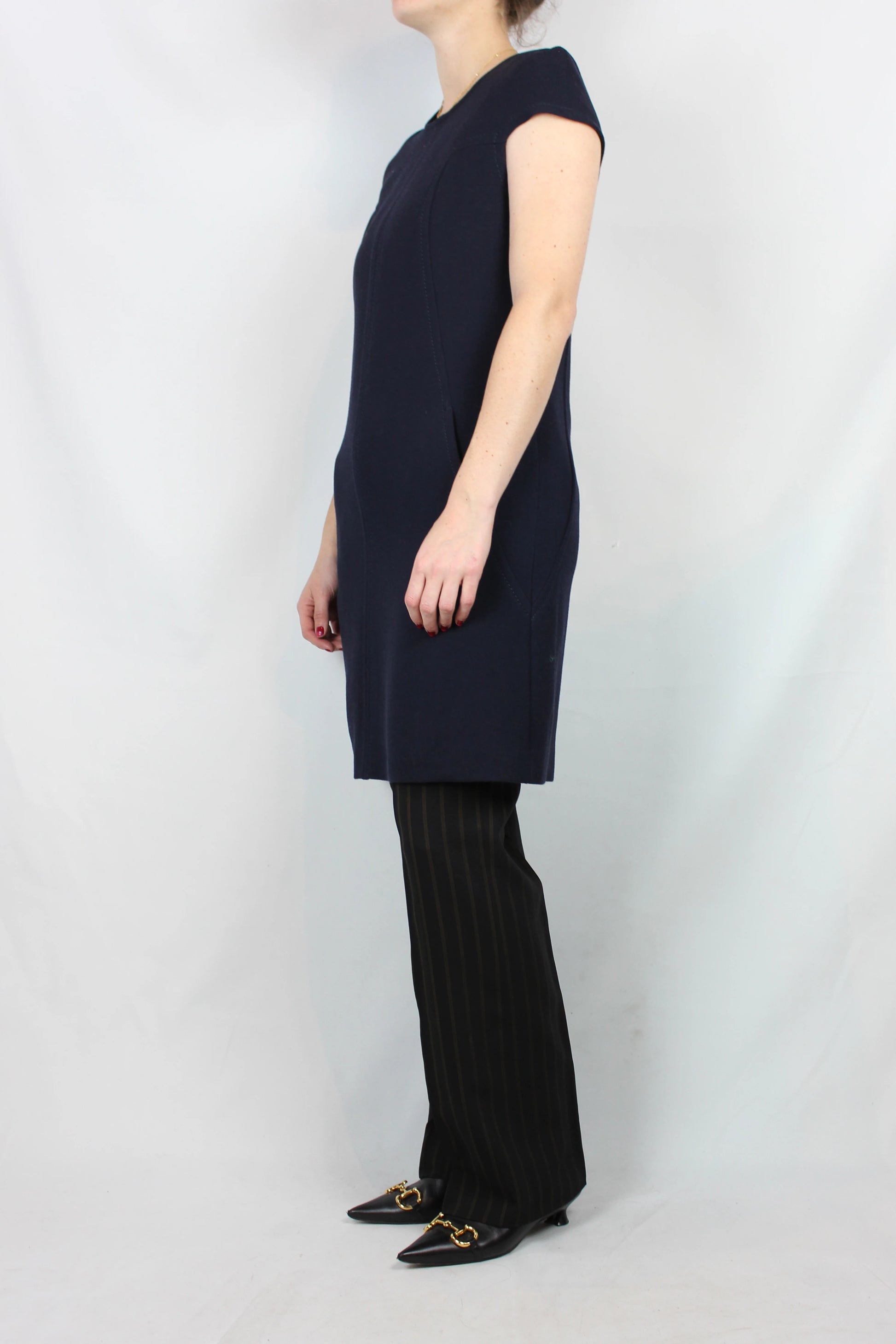 Navy Blue Wool Dress with Structured Sleeves and Corset Stitching