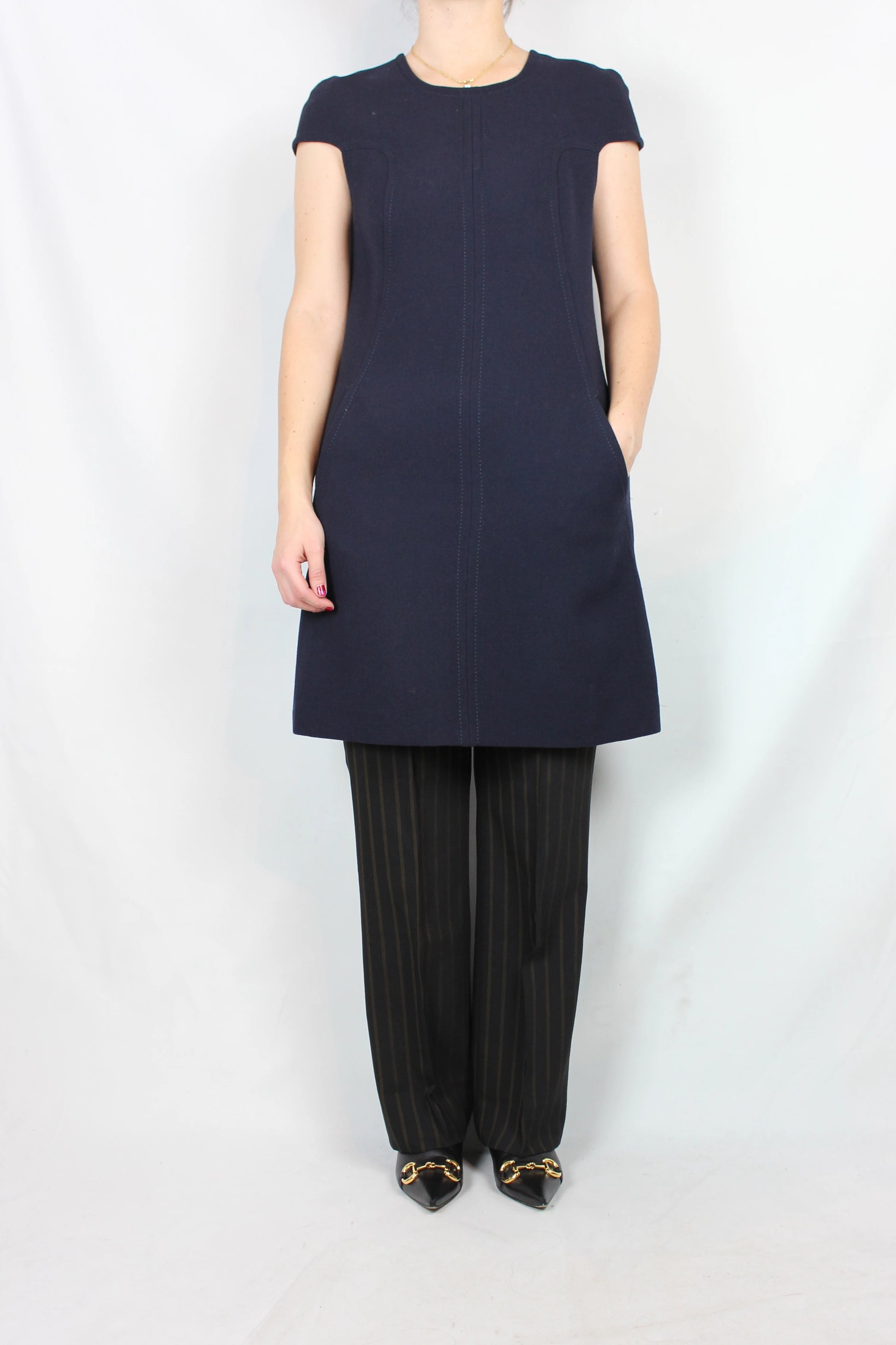 Navy Blue Wool Dress with Structured Sleeves and Corset Stitching