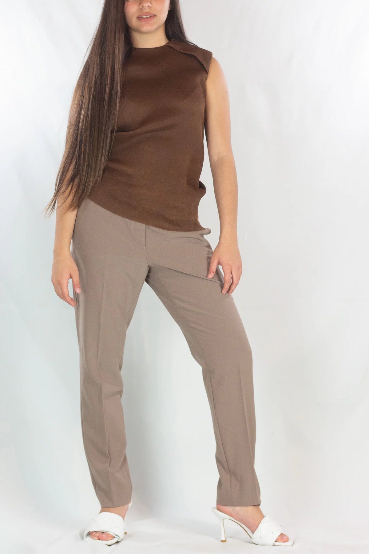 Taupe Tailored Wool Tapered Trousers