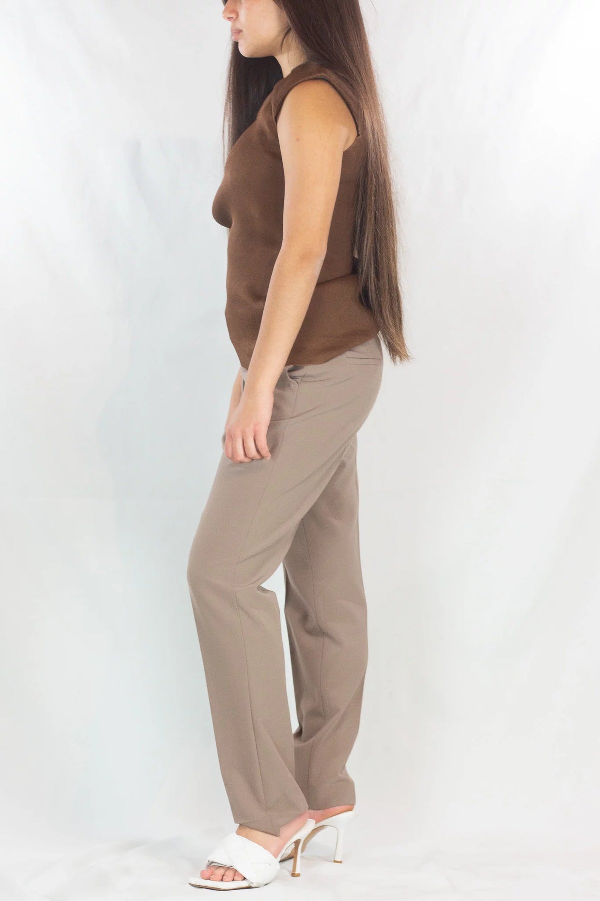 Taupe Tailored Wool Tapered Trousers
