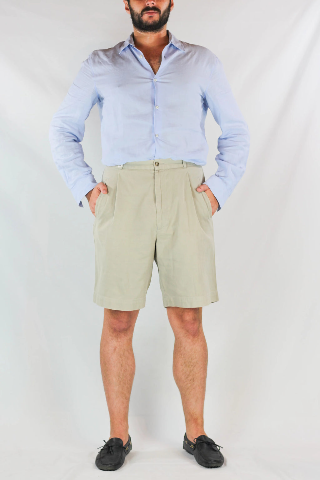 High-Waisted Beige Cotton Bermuda