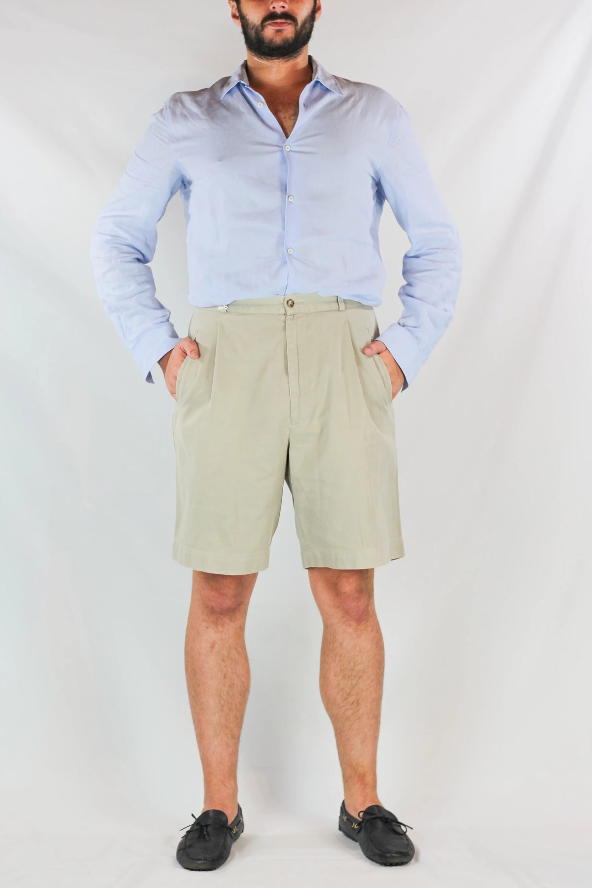 High-Waisted Beige Cotton Bermuda