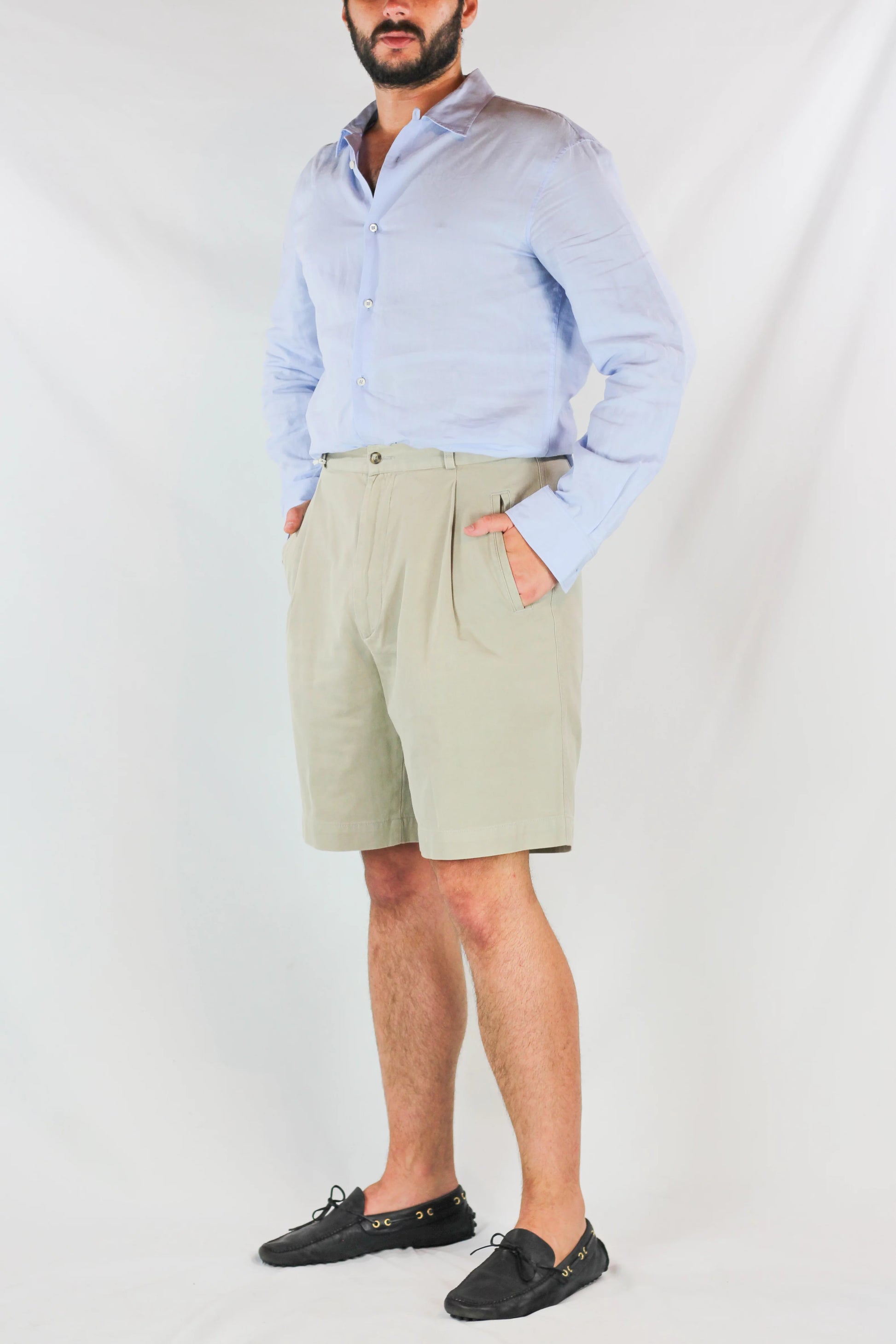 High-Waisted Beige Cotton Bermuda