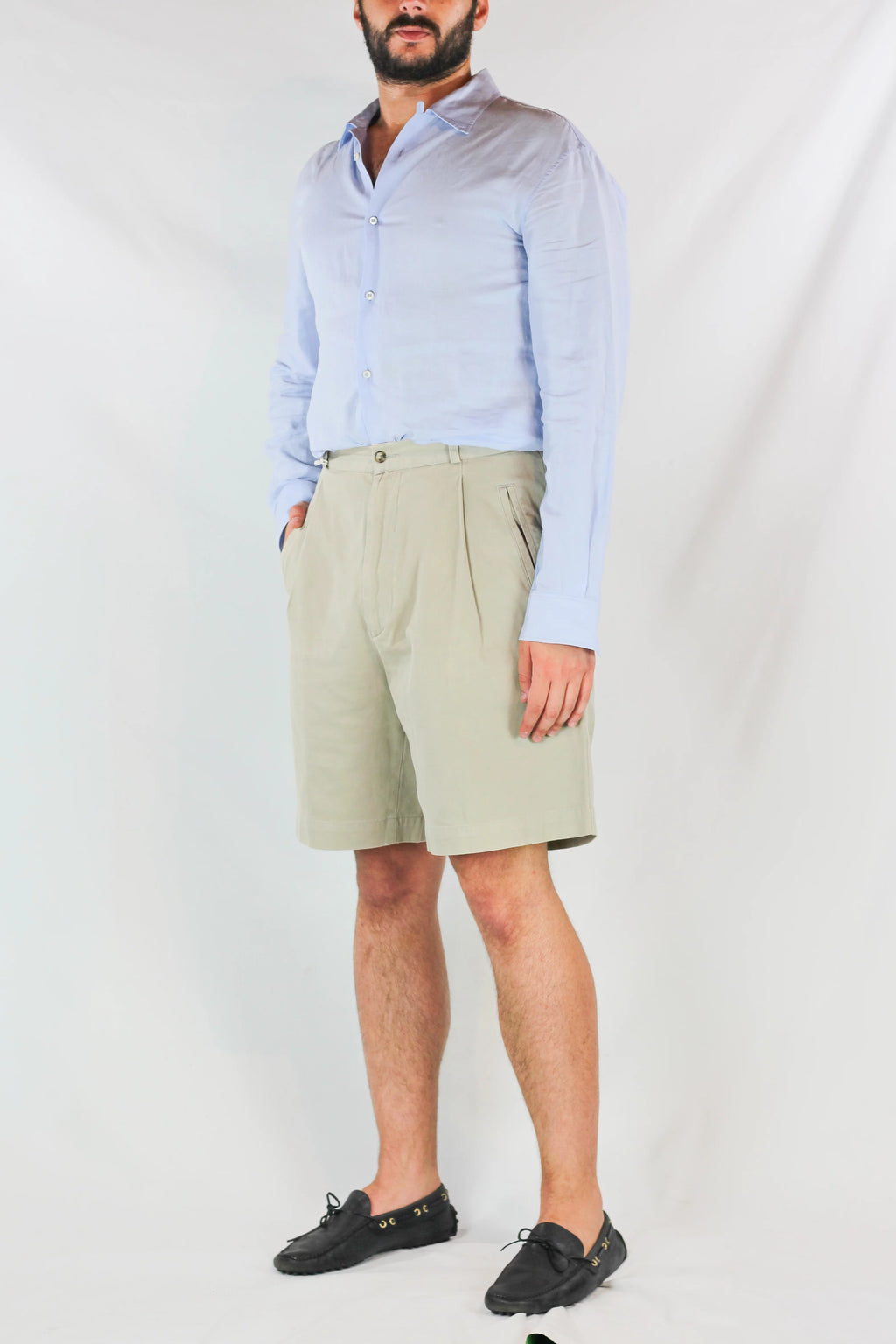High-Waisted Beige Cotton Bermuda