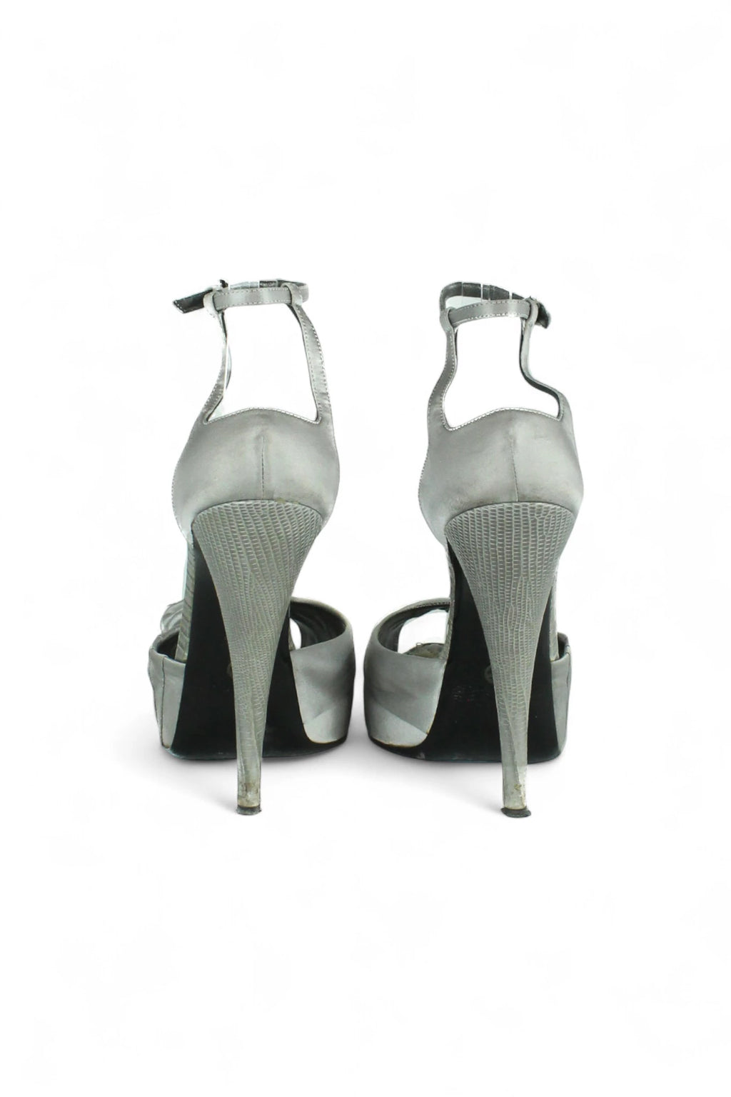 Grey Satin Platform Sandals with Rose Detail