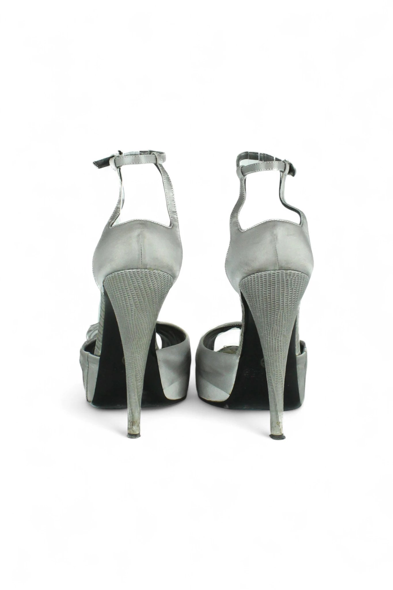 Grey Satin Platform Sandals with Rose Detail