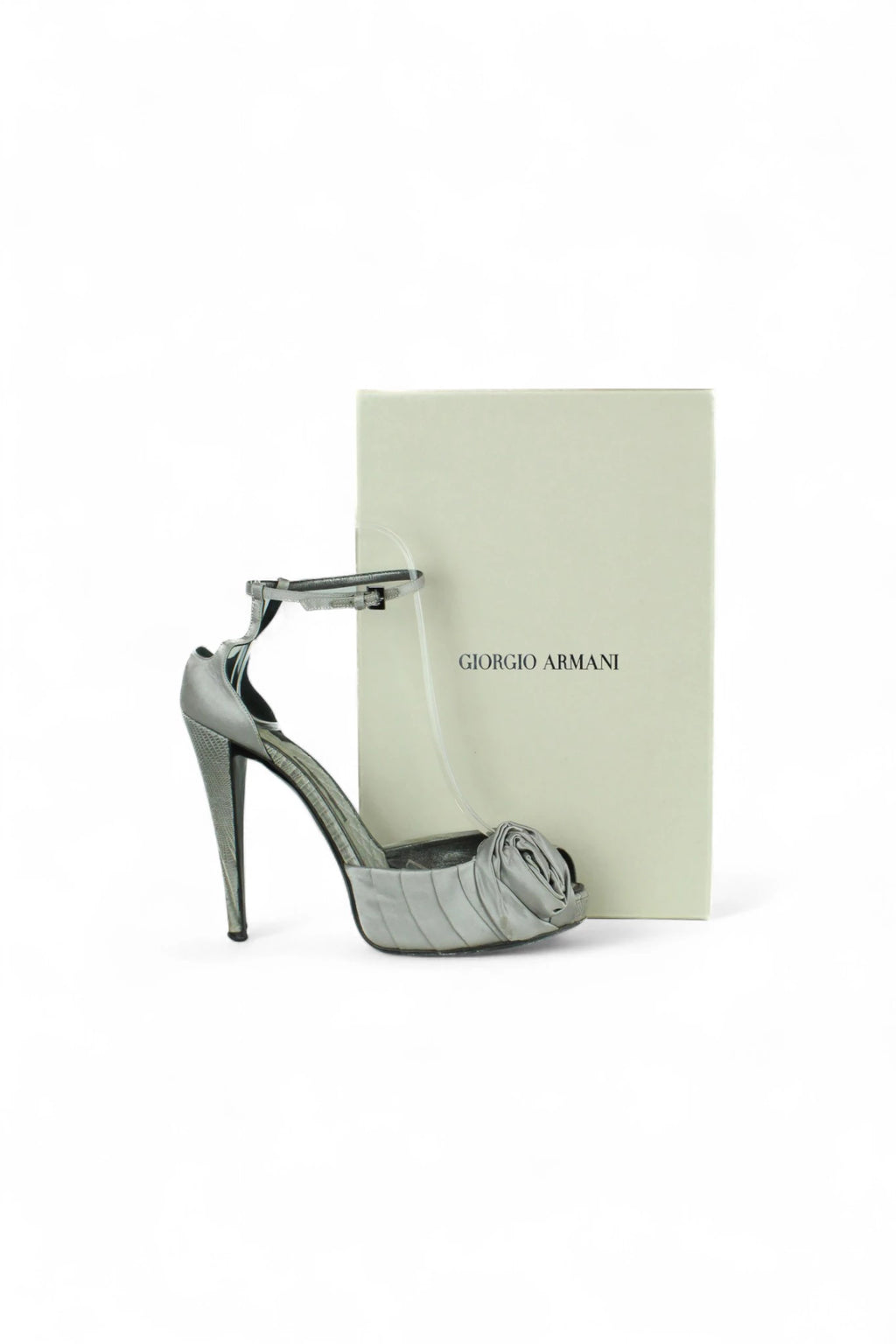 Grey Satin Platform Sandals with Rose Detail