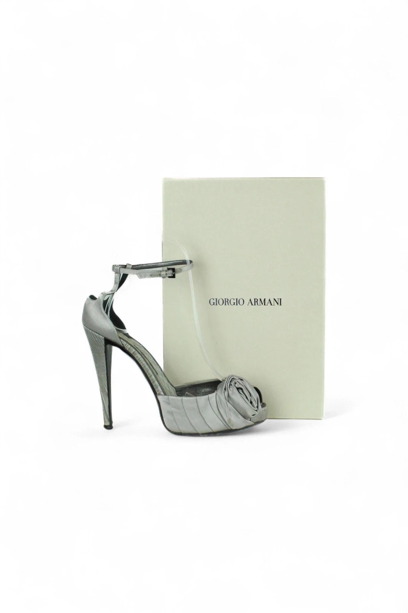 Grey Satin Platform Sandals with Rose Detail