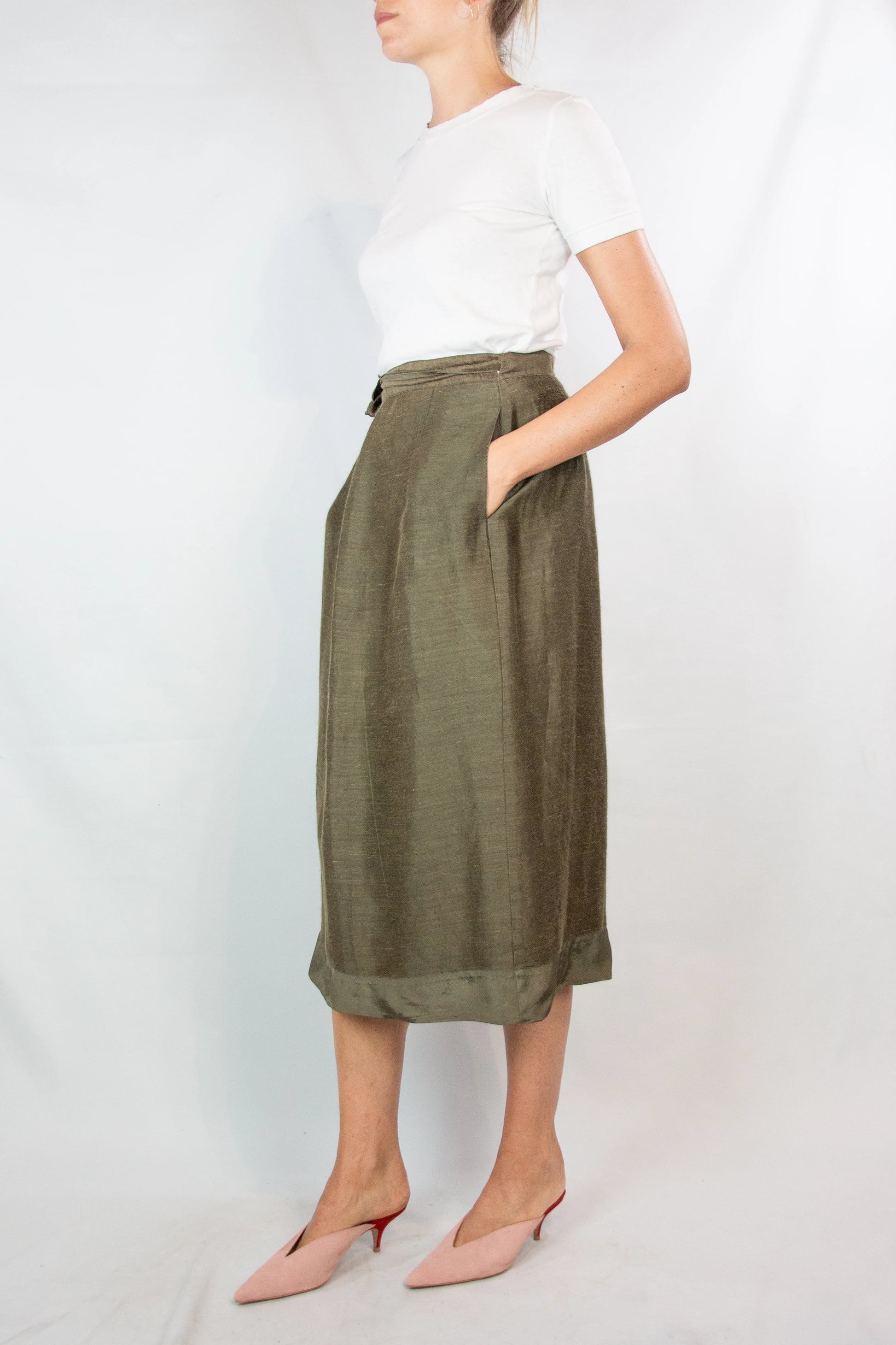 Olive Green Silk Wrap Skirt
