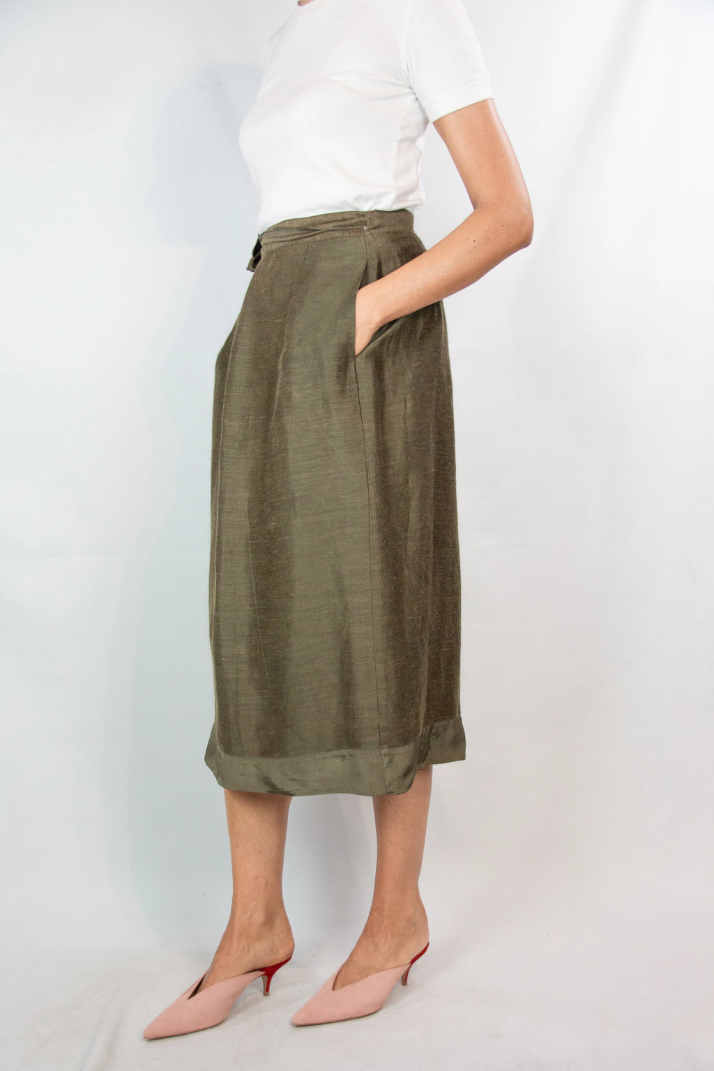 Olive Green Silk Wrap Skirt