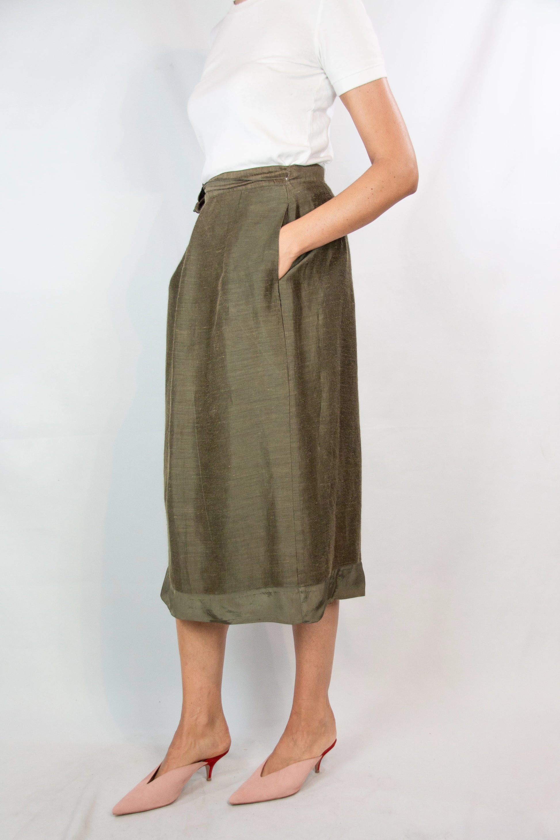 Olive Green Silk Wrap Skirt
