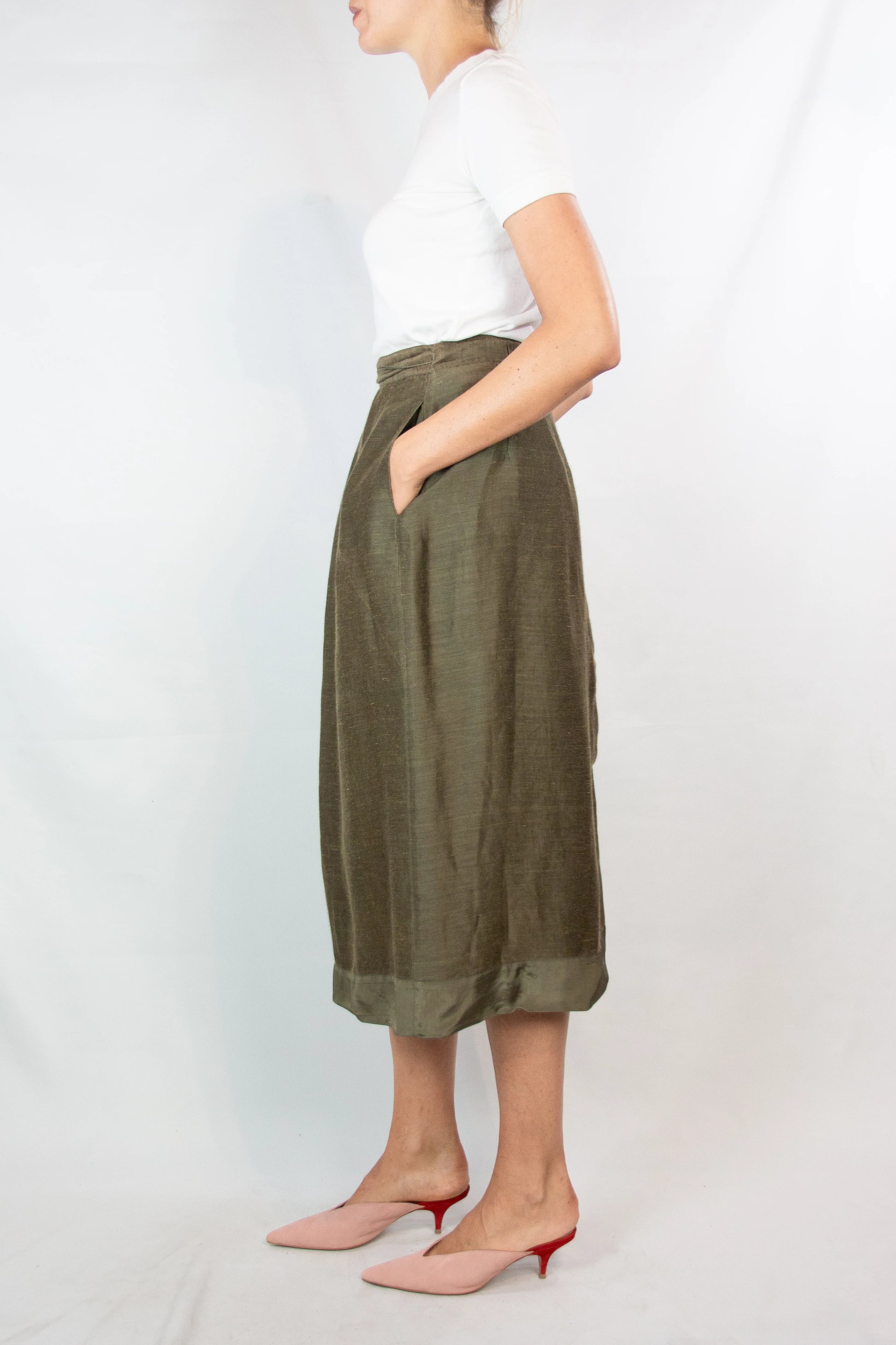 Olive Green Silk Wrap Skirt