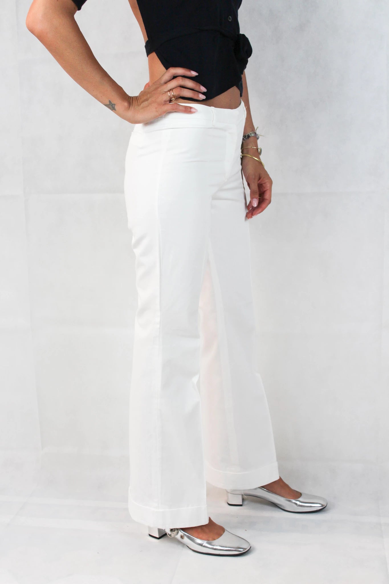 White Low-Rise Flared Trousers with Classic Fit