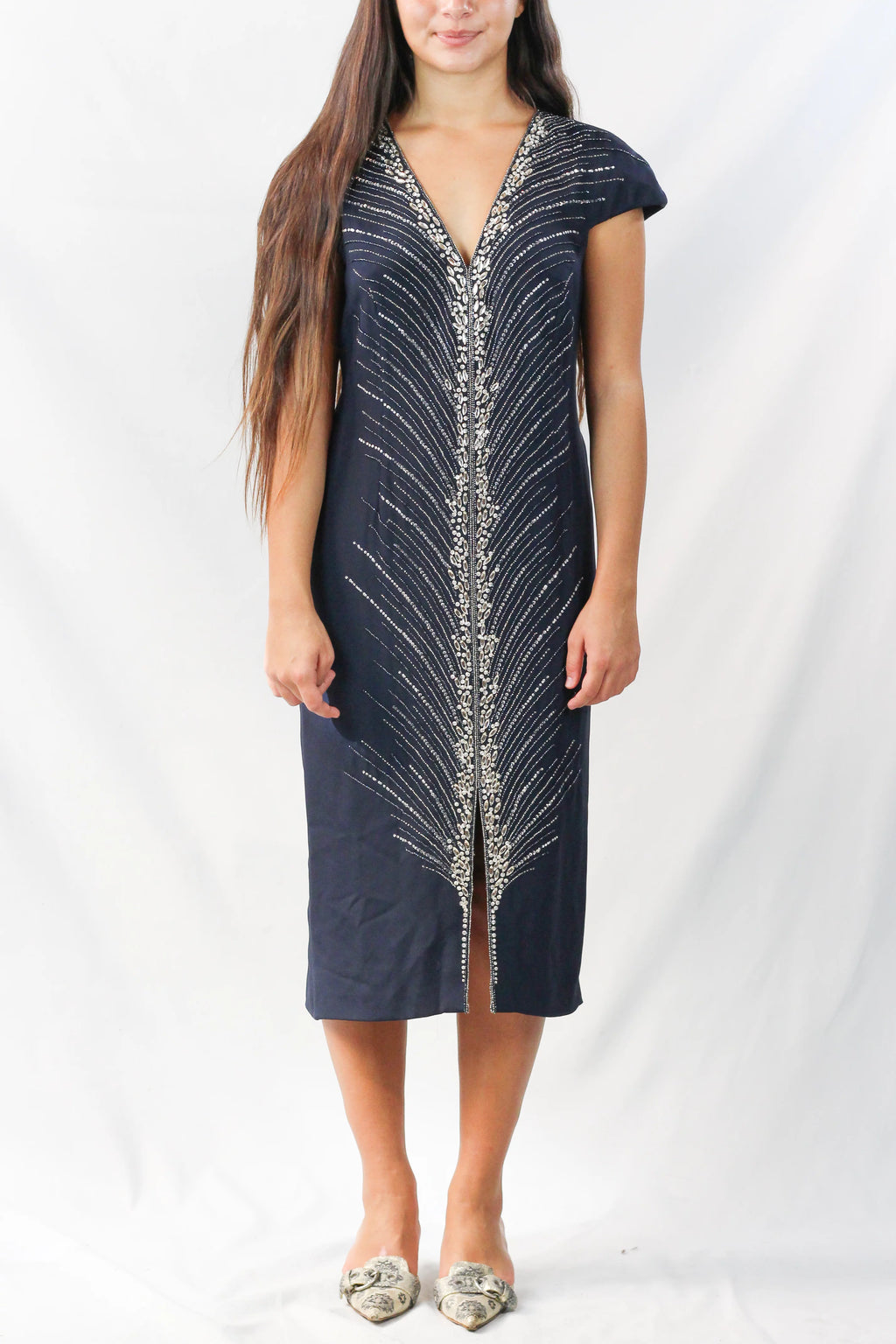 Silky Wool V-Neck Dress with Silver Embroidery