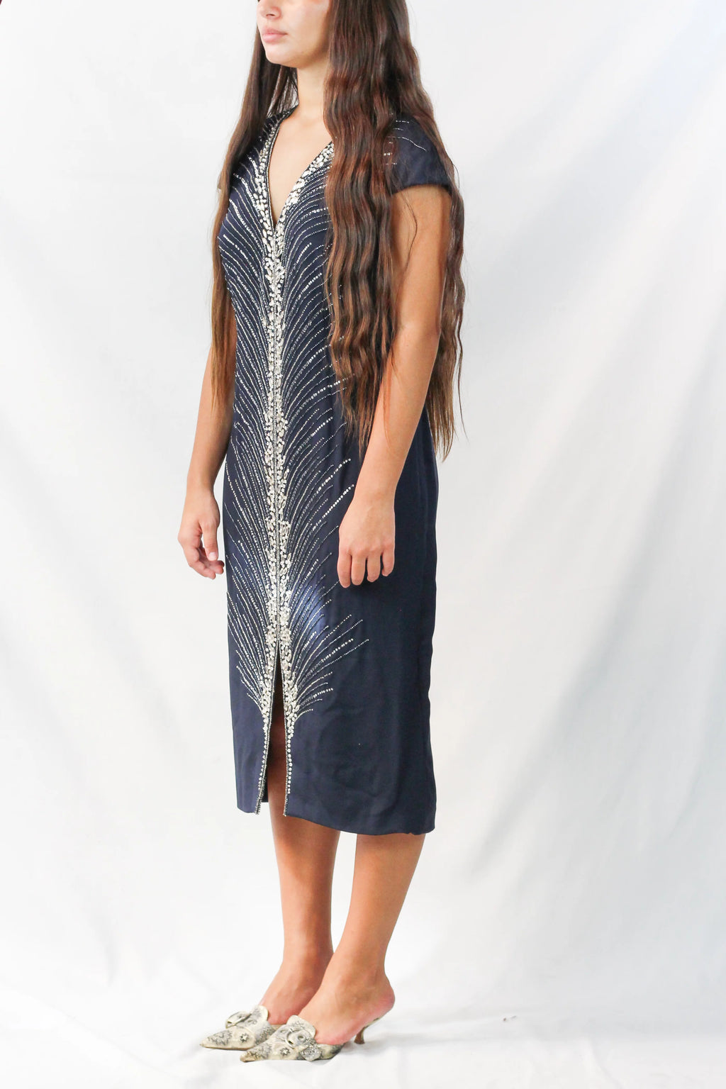 Silky Wool V-Neck Dress with Silver Embroidery