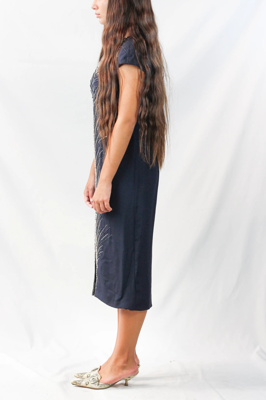 Silky Wool V-Neck Dress with Silver Embroidery
