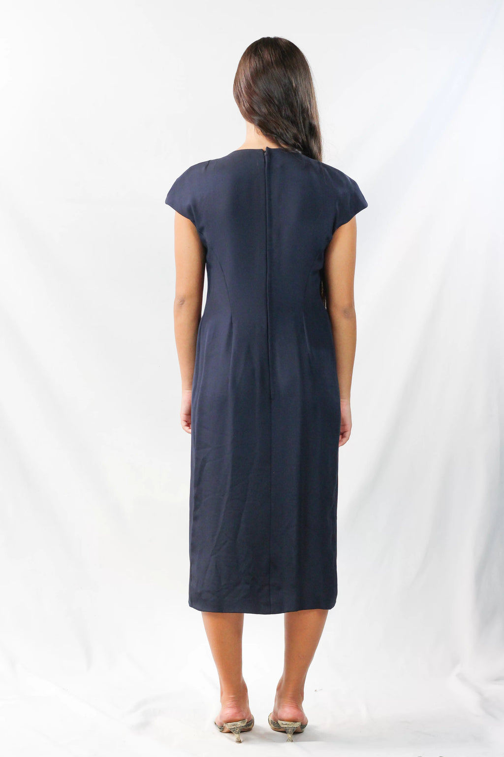 Silky Wool V-Neck Dress with Silver Embroidery