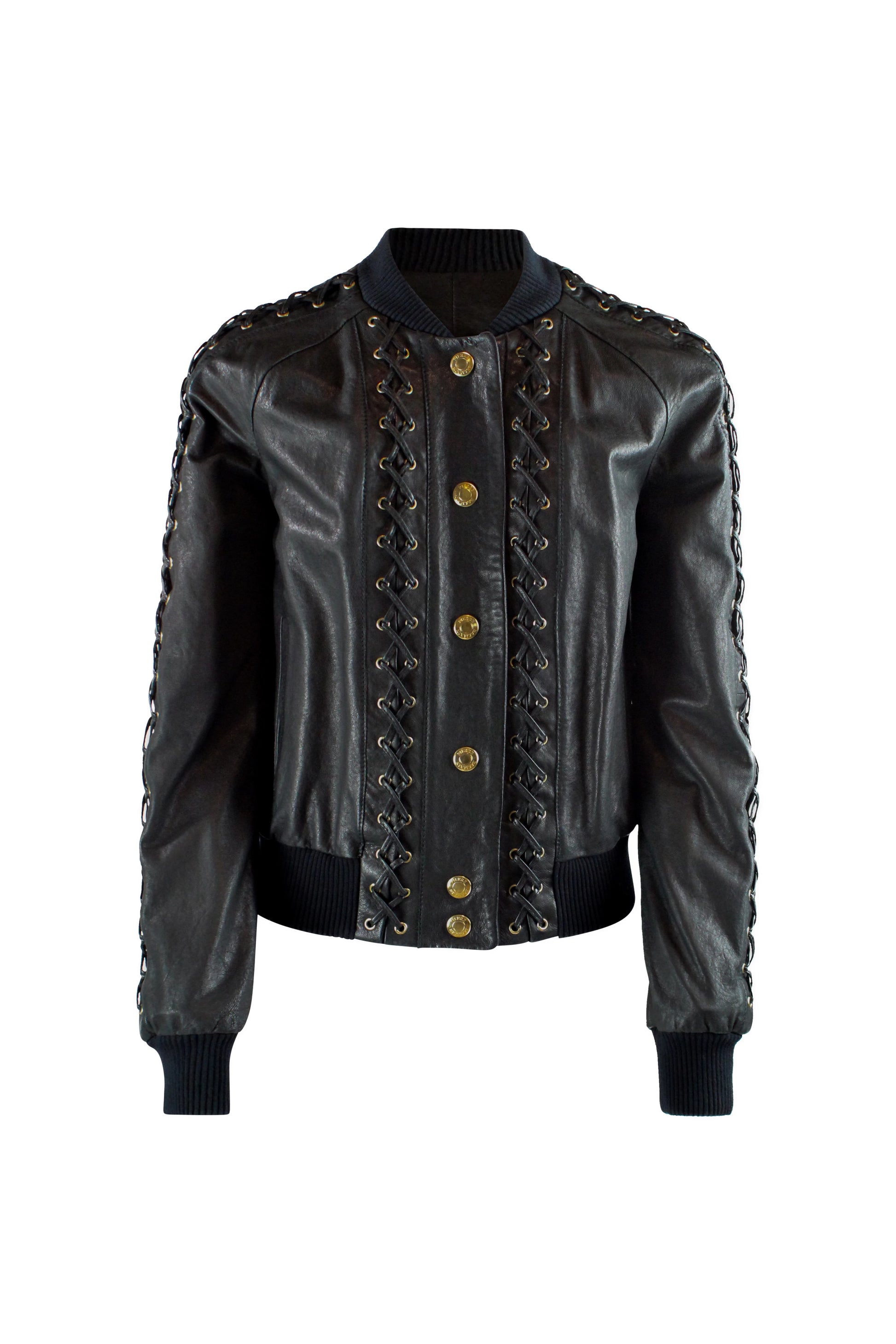 Black Leather Bomber Jacket with Gold Hardware