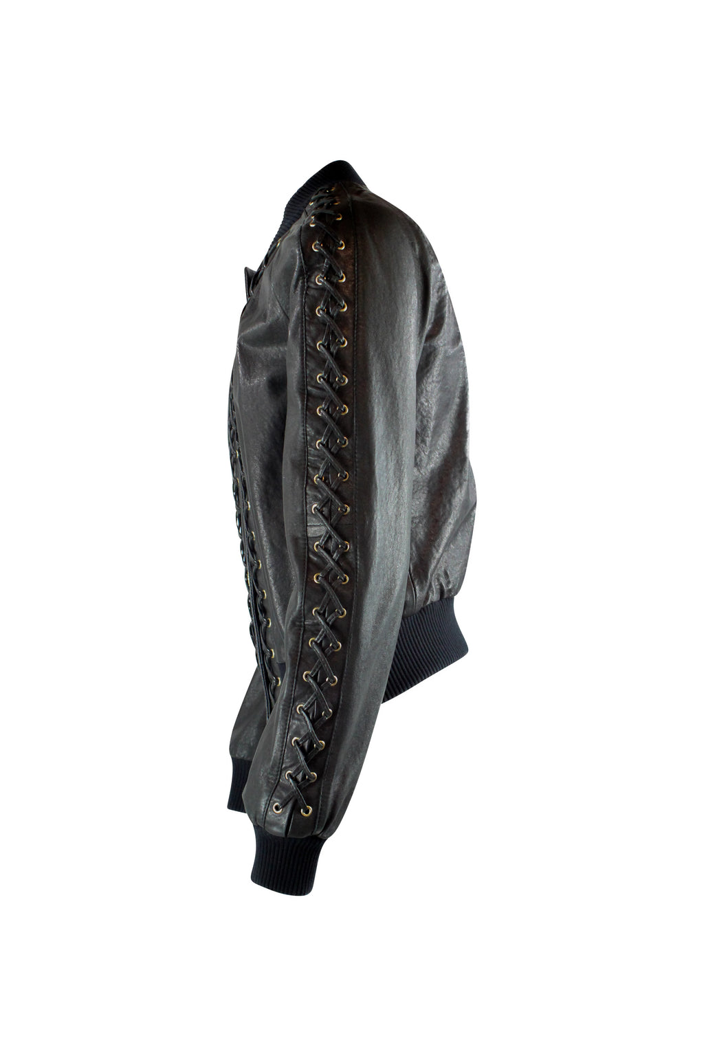 Black Leather Bomber Jacket with Gold Hardware