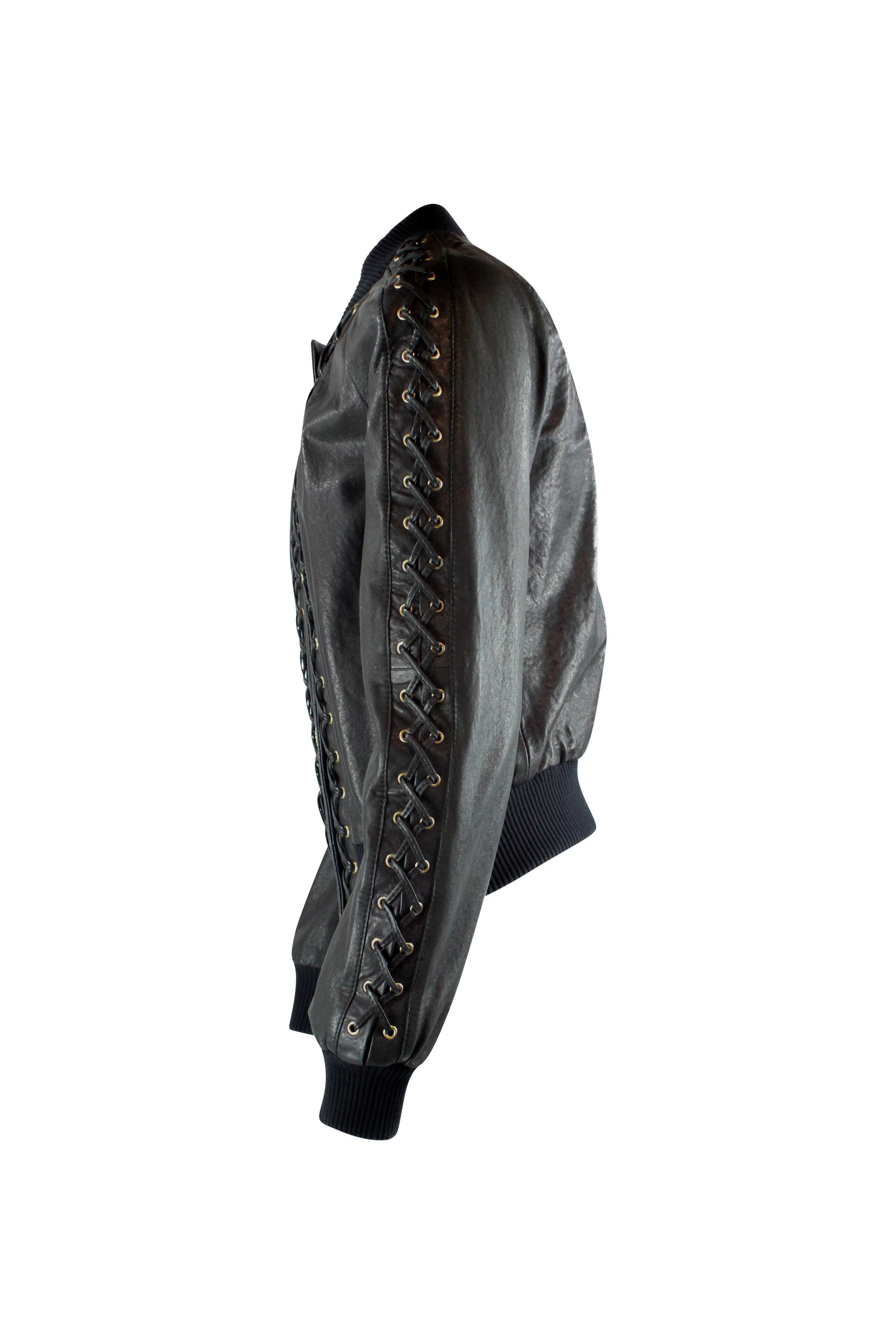 Black Leather Bomber Jacket with Gold Hardware
