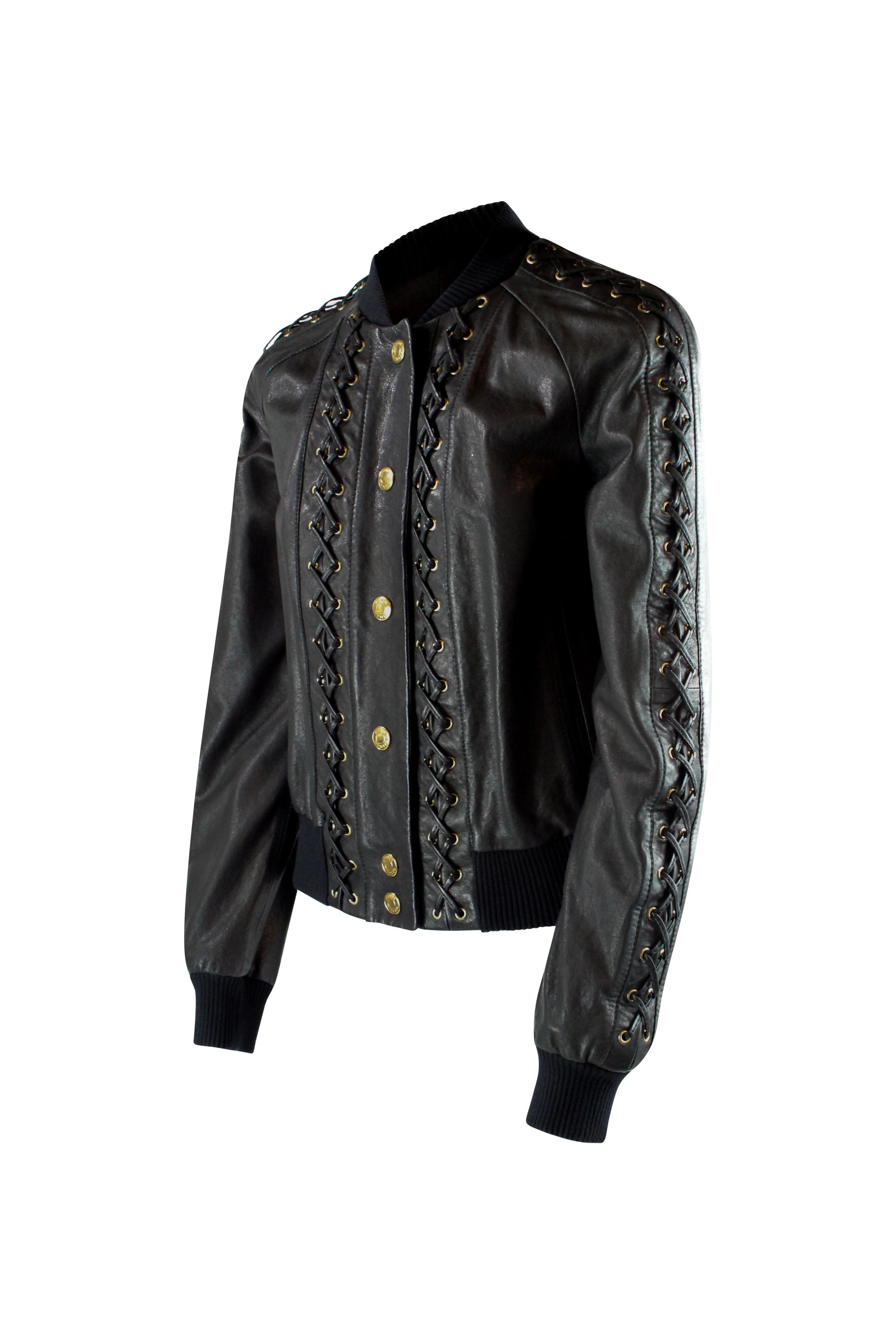 Black Leather Bomber Jacket with Gold Hardware