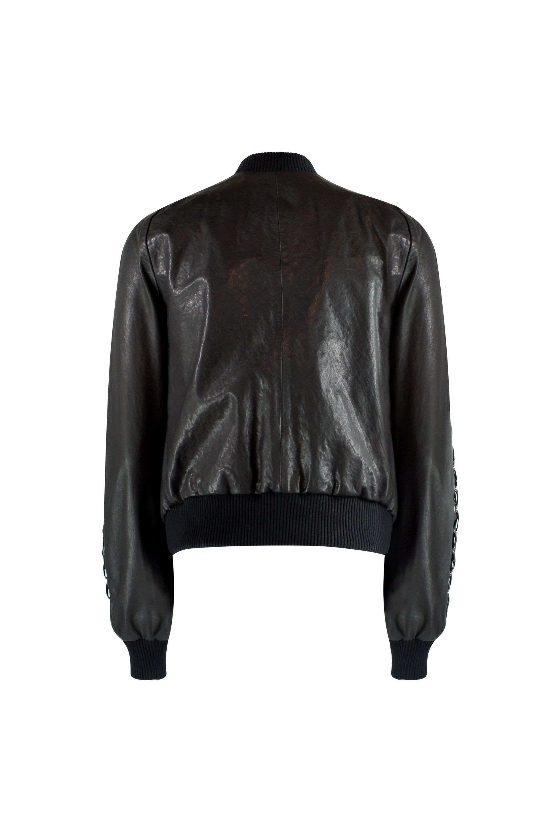 Black Leather Bomber Jacket with Gold Hardware
