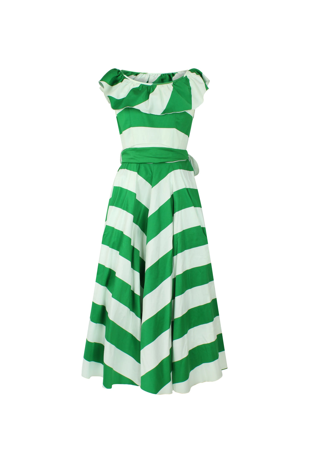Striped Dress with Full Circle Skirt and Shoulder Ruffles