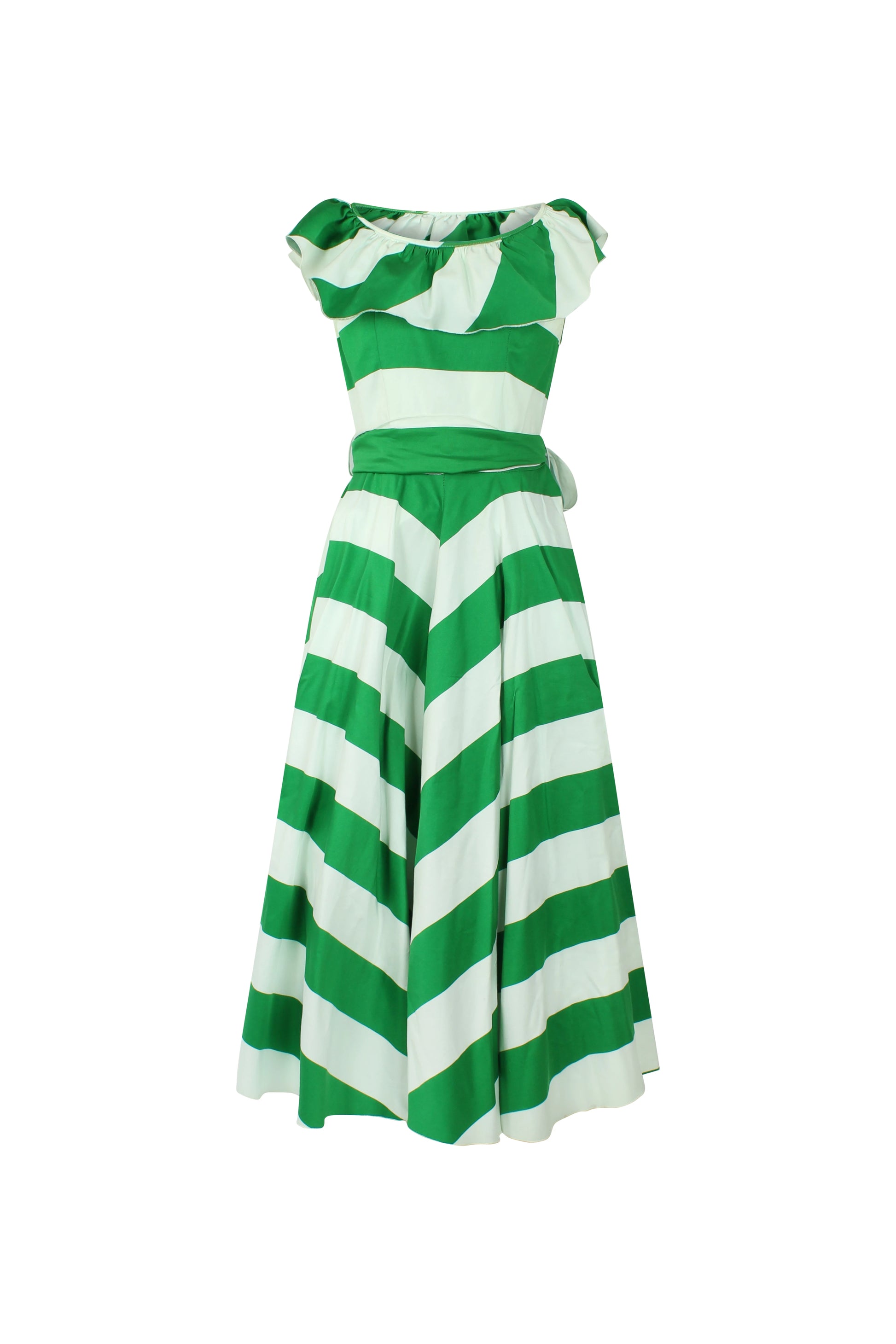 Striped Dress with Full Circle Skirt and Shoulder Ruffles