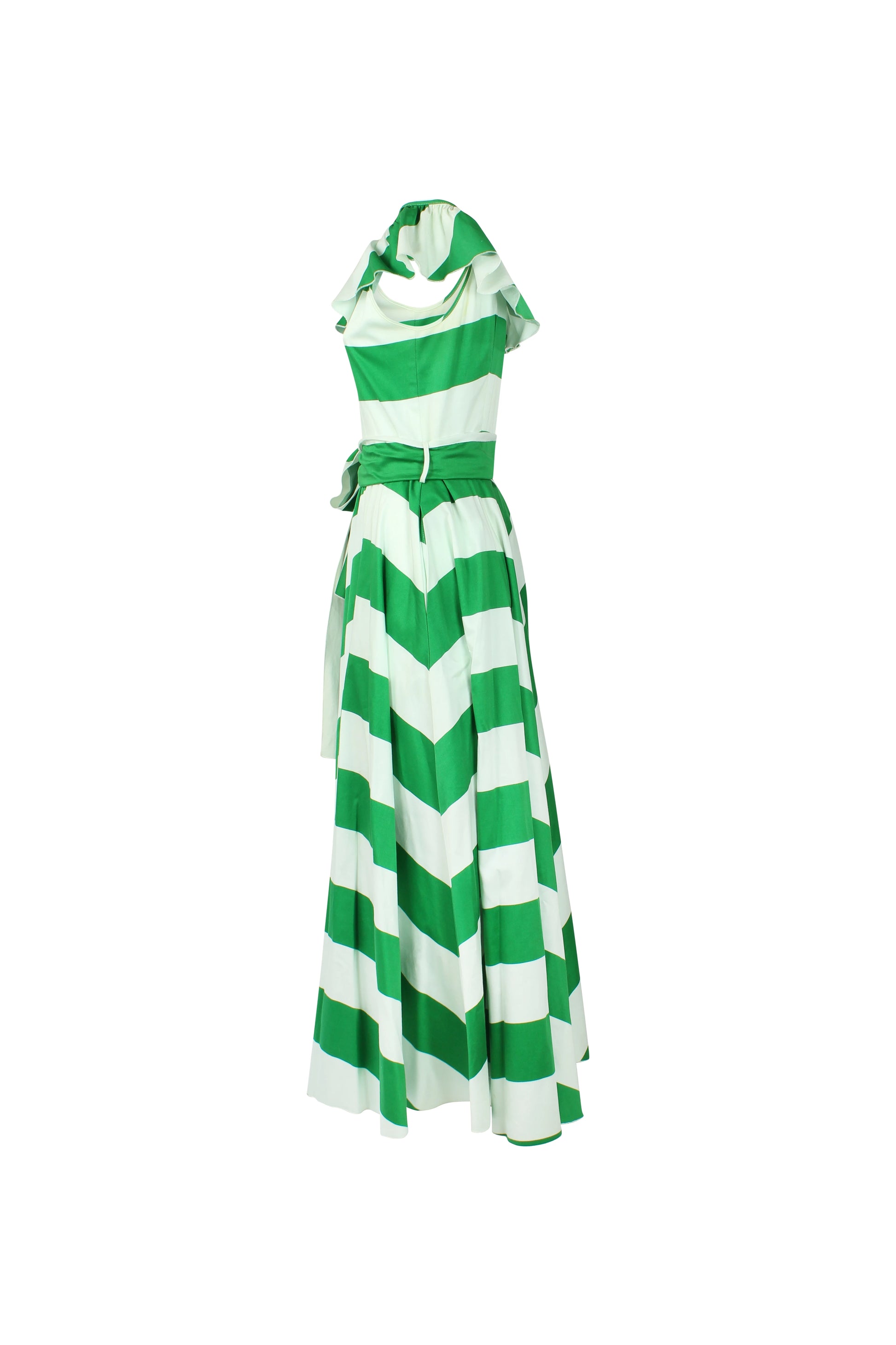 Striped Dress with Full Circle Skirt and Shoulder Ruffles