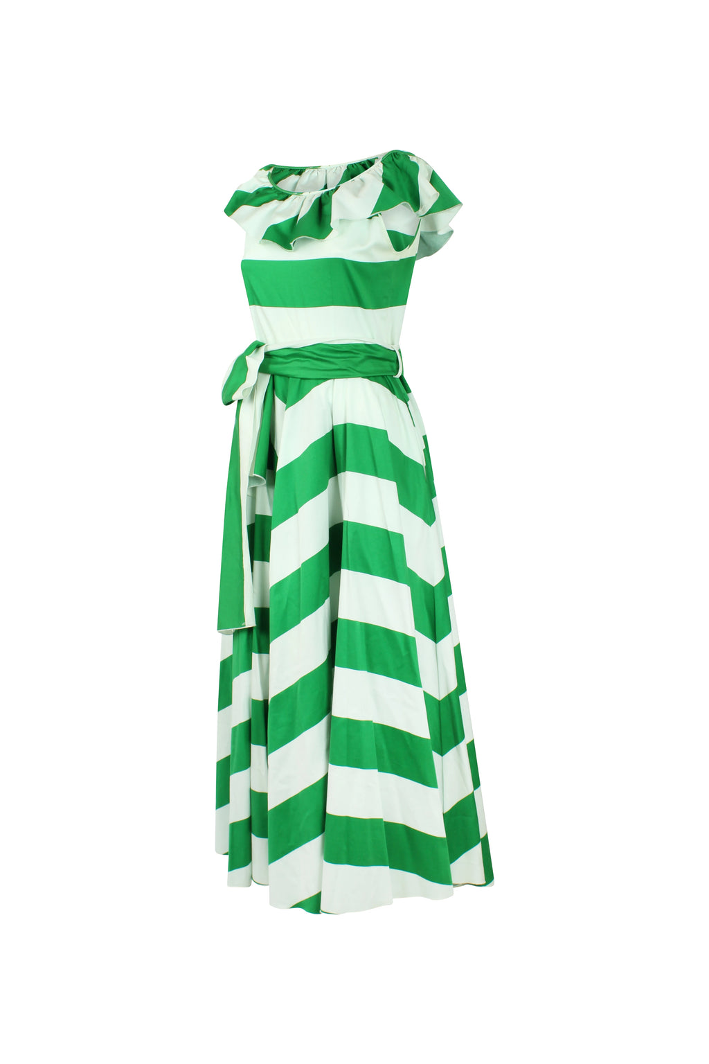 Striped Dress with Full Circle Skirt and Shoulder Ruffles