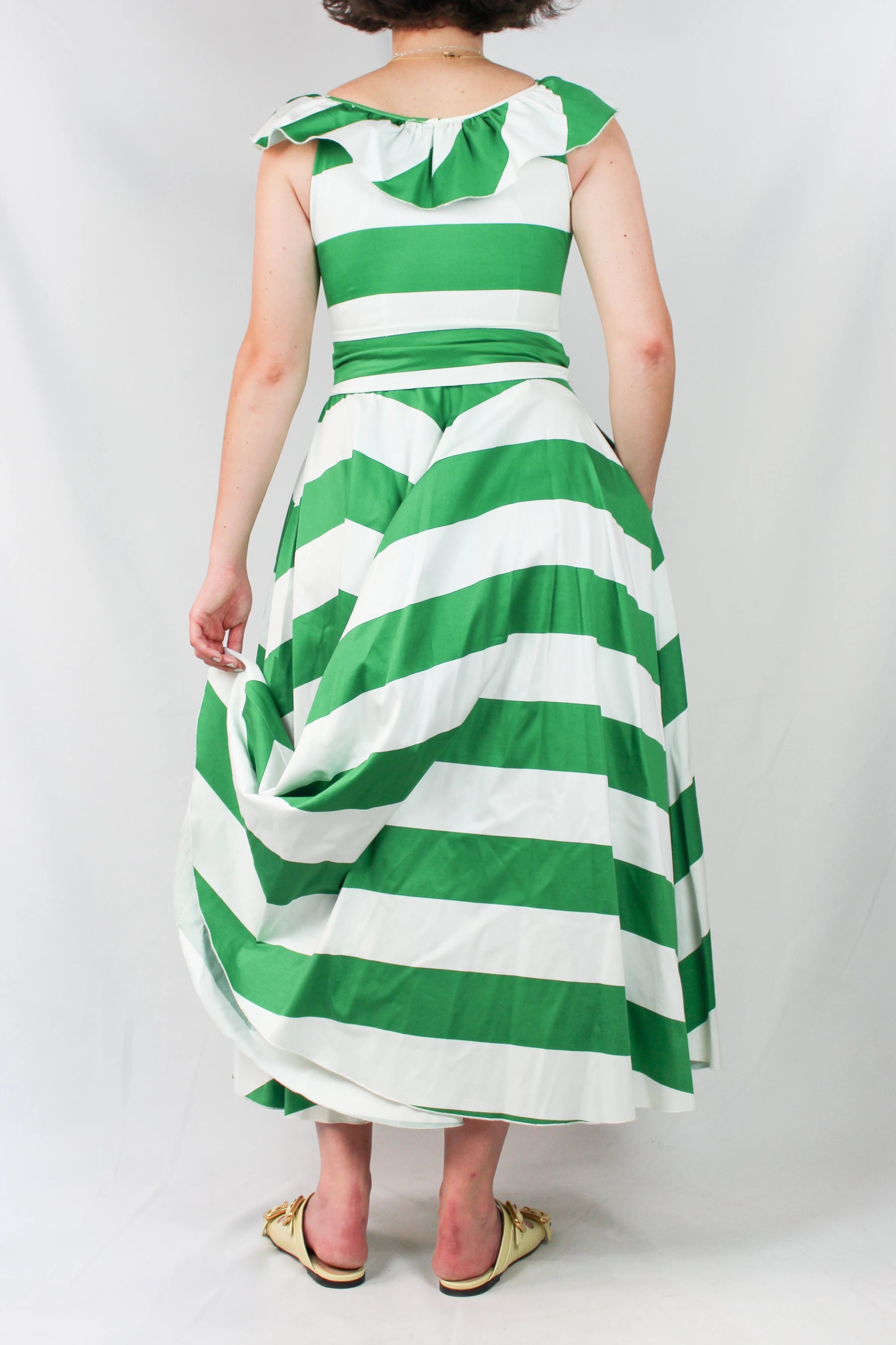 Striped Dress with Full Circle Skirt and Shoulder Ruffles