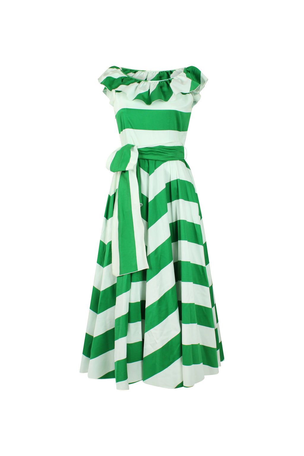 Striped Dress with Full Circle Skirt and Shoulder Ruffles