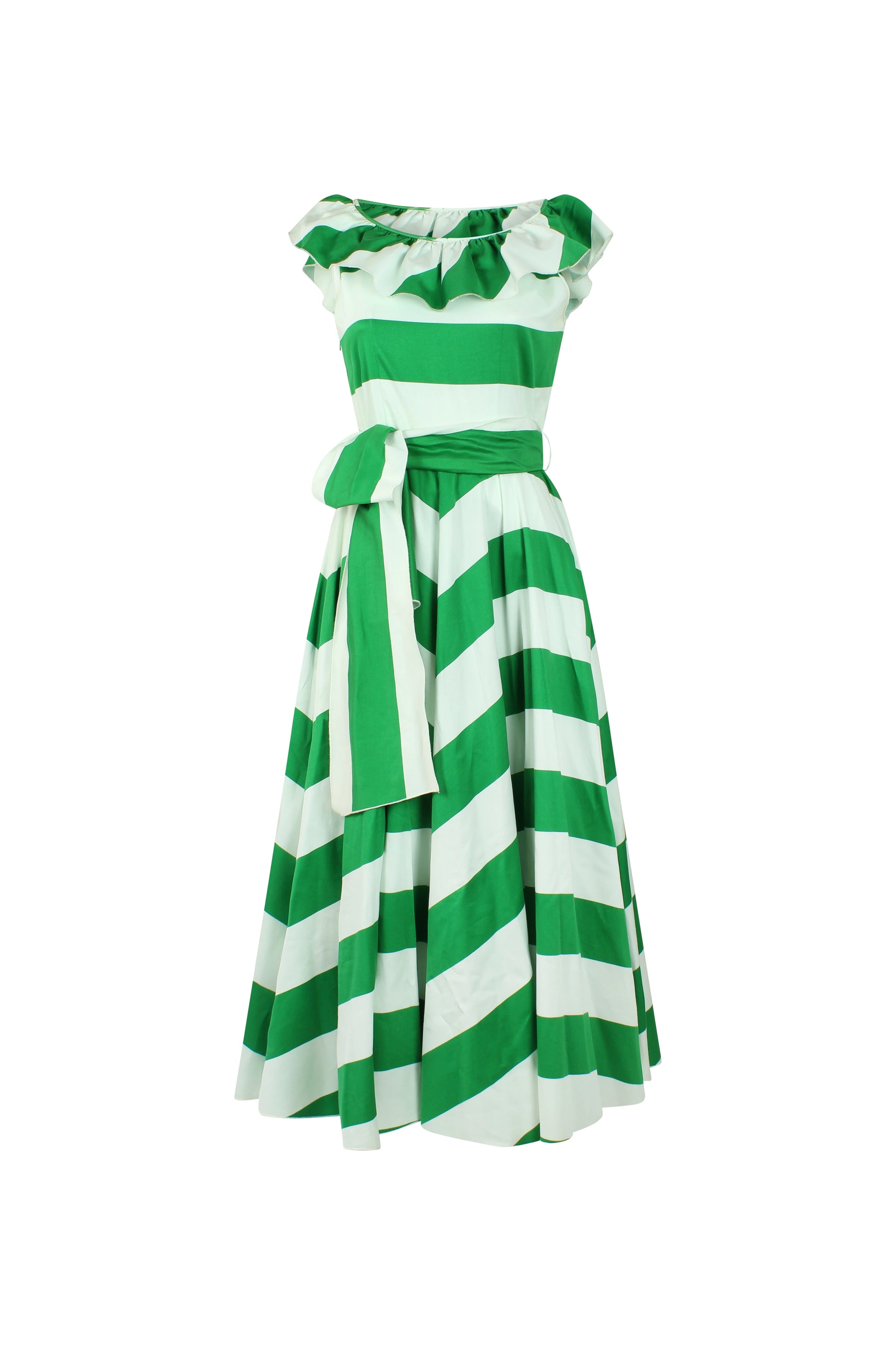 Striped Dress with Full Circle Skirt and Shoulder Ruffles