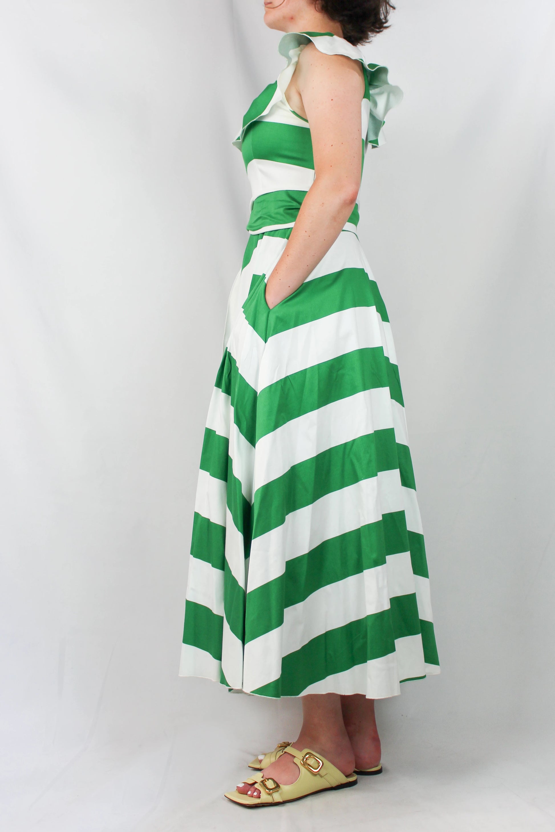 Striped Dress with Full Circle Skirt and Shoulder Ruffles