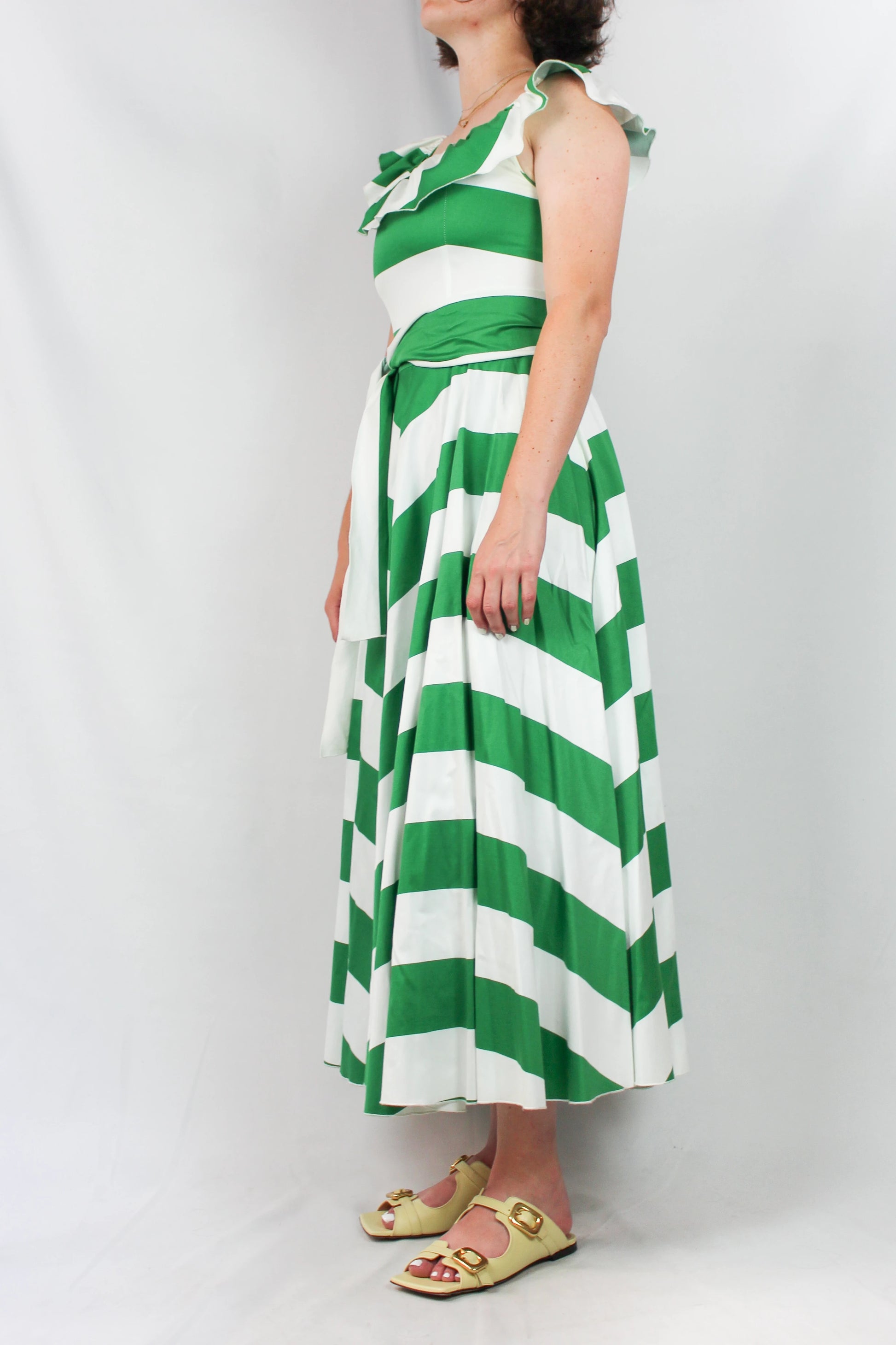 Striped Dress with Full Circle Skirt and Shoulder Ruffles