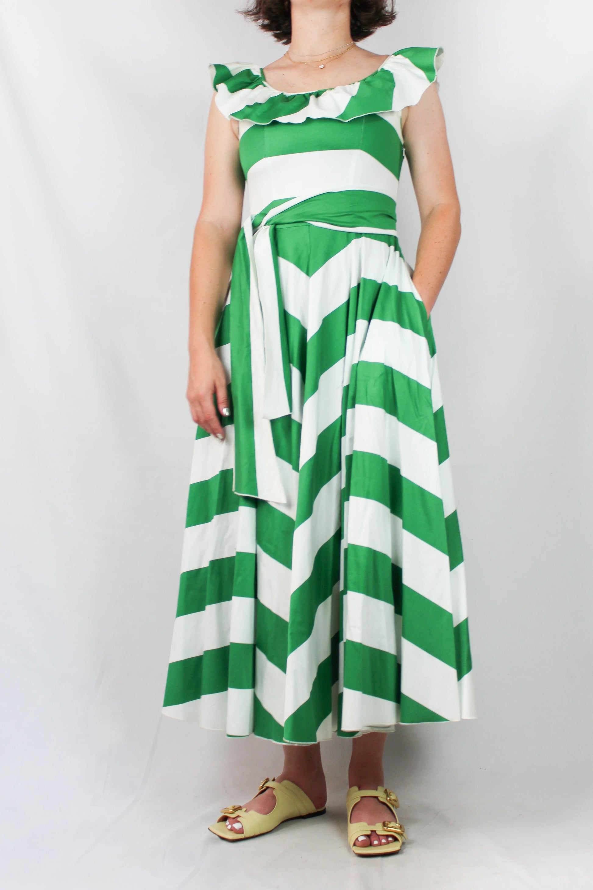 Striped Dress with Full Circle Skirt and Shoulder Ruffles