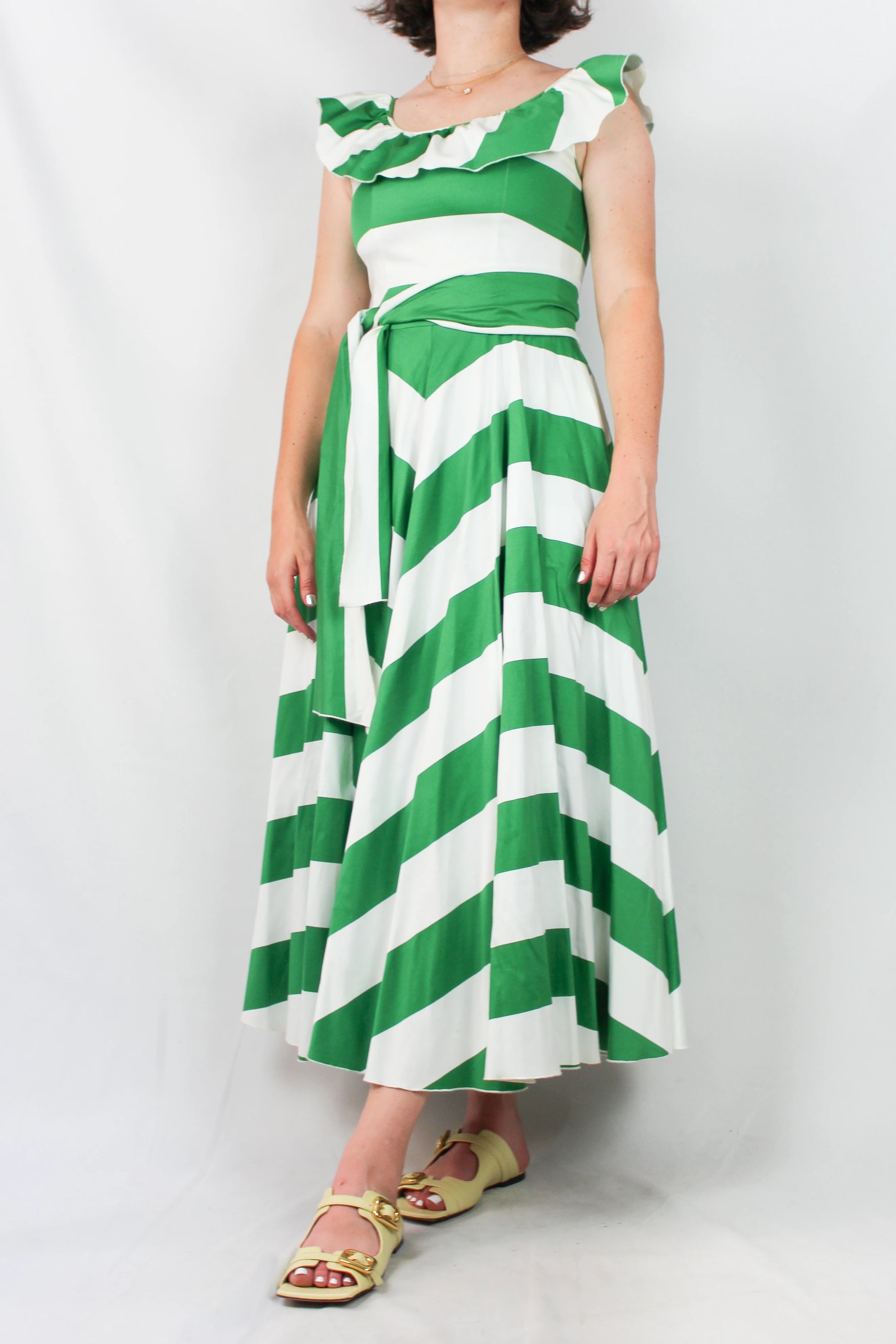Striped Dress with Full Circle Skirt and Shoulder Ruffles