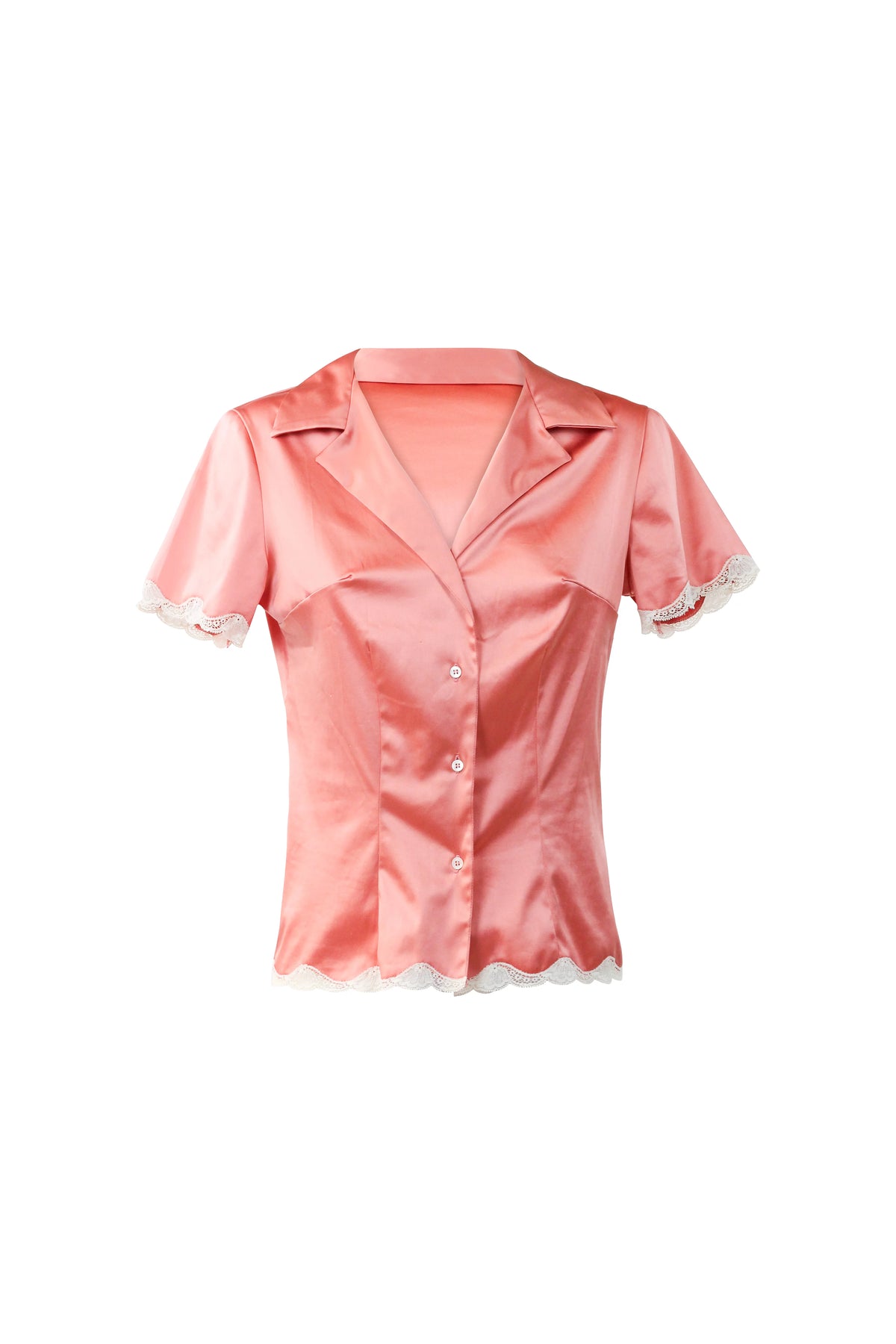 Silk Satin Lace-Trim Button-Up Top