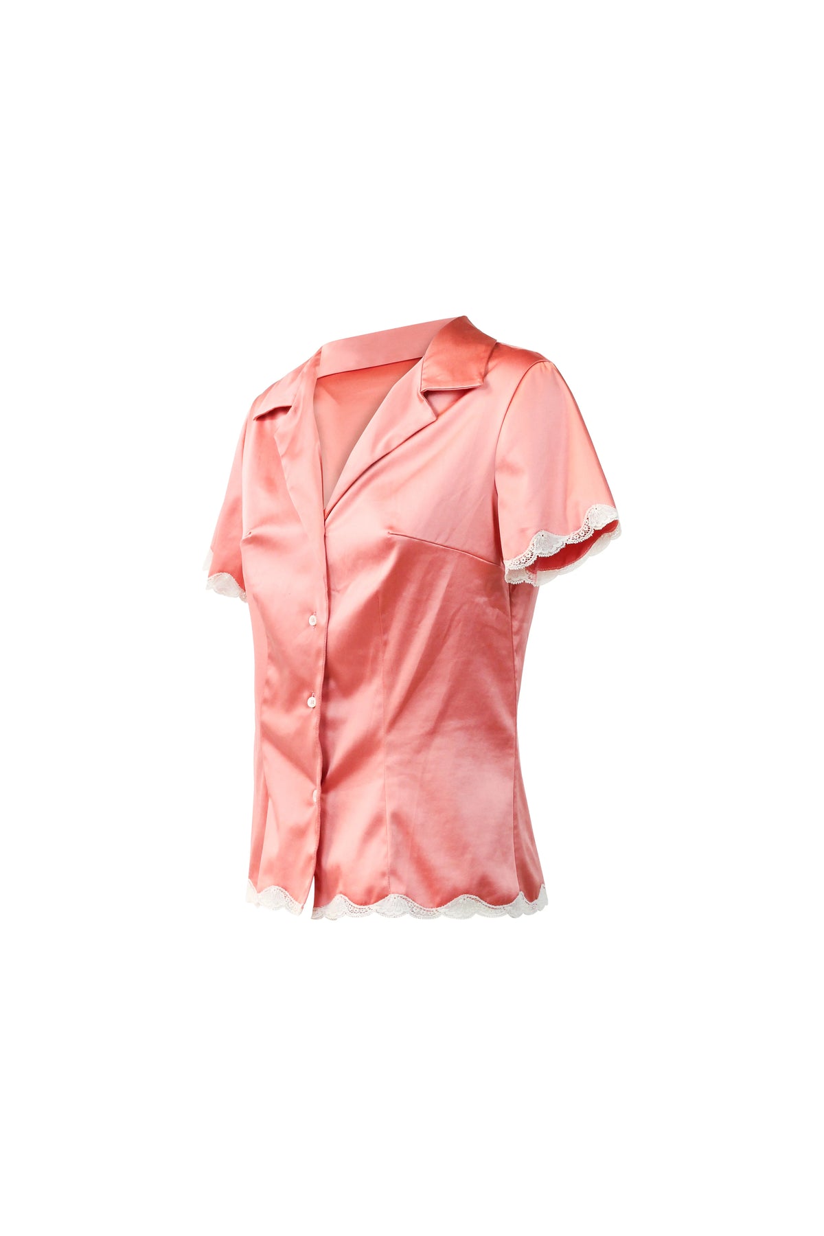 Silk Satin Lace-Trim Button-Up Top