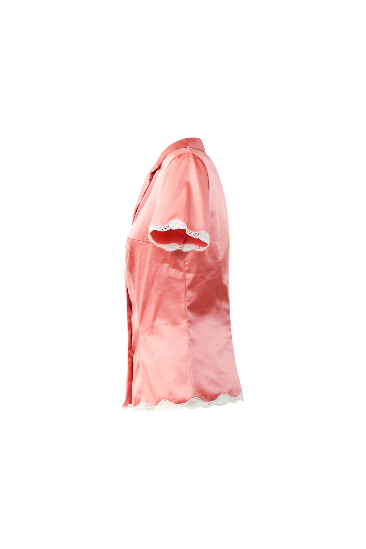 Silk Satin Lace-Trim Button-Up Top
