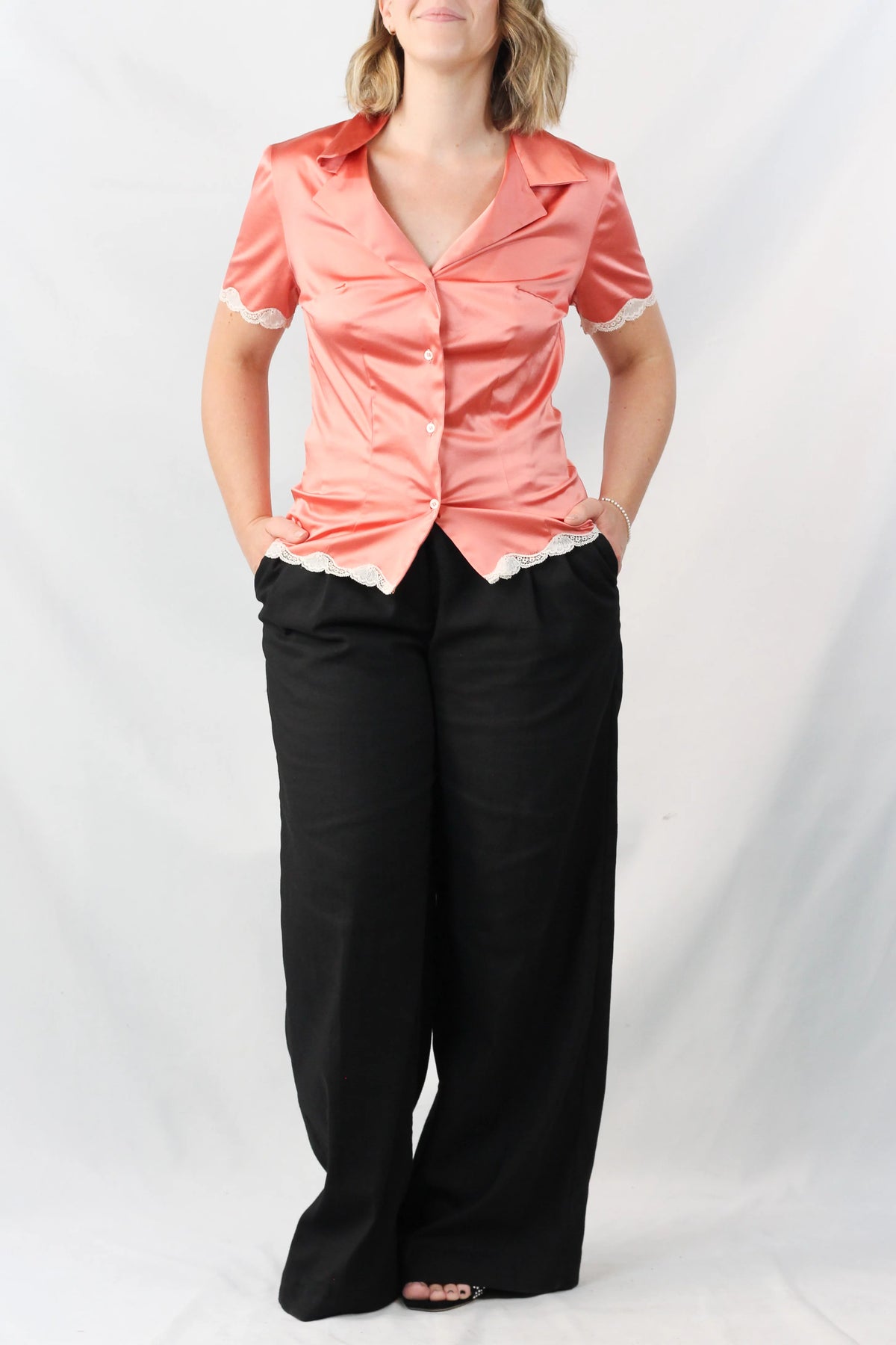 Silk Satin Lace-Trim Button-Up Top