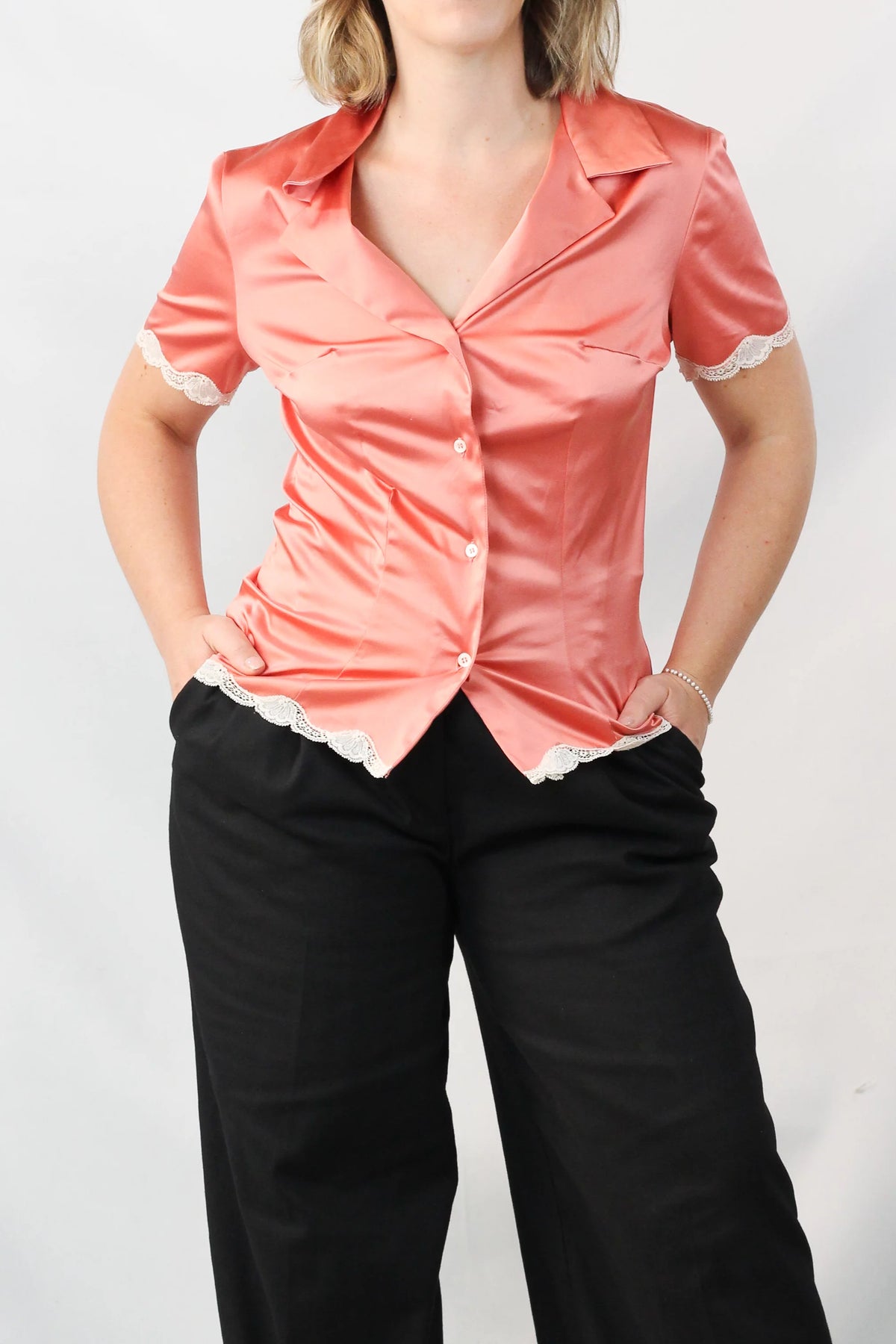 Silk Satin Lace-Trim Button-Up Top